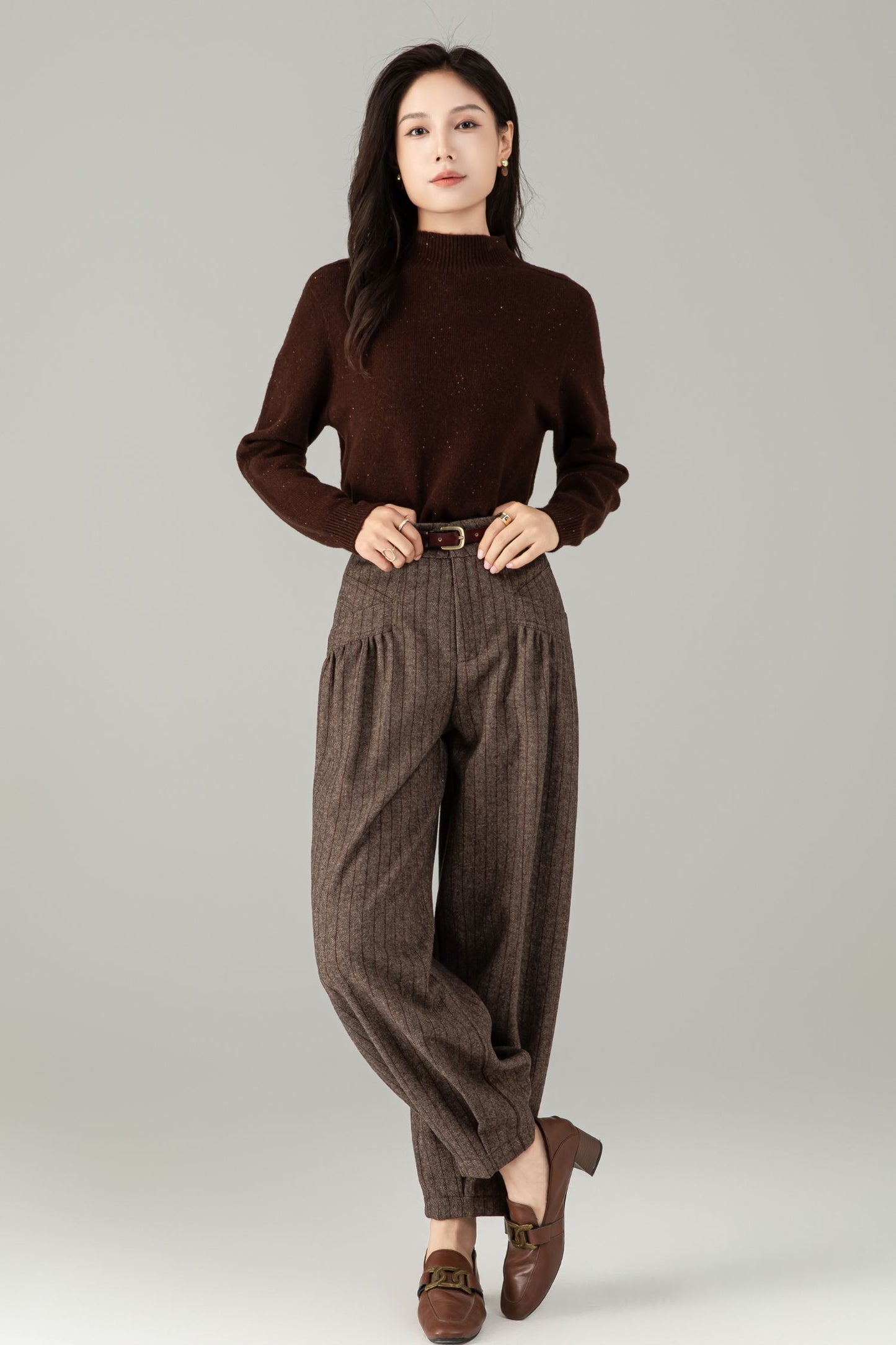 Brown Wool Striped Trousers - Classic Fit & Comfort | Winter Smart Casual Pants C5244