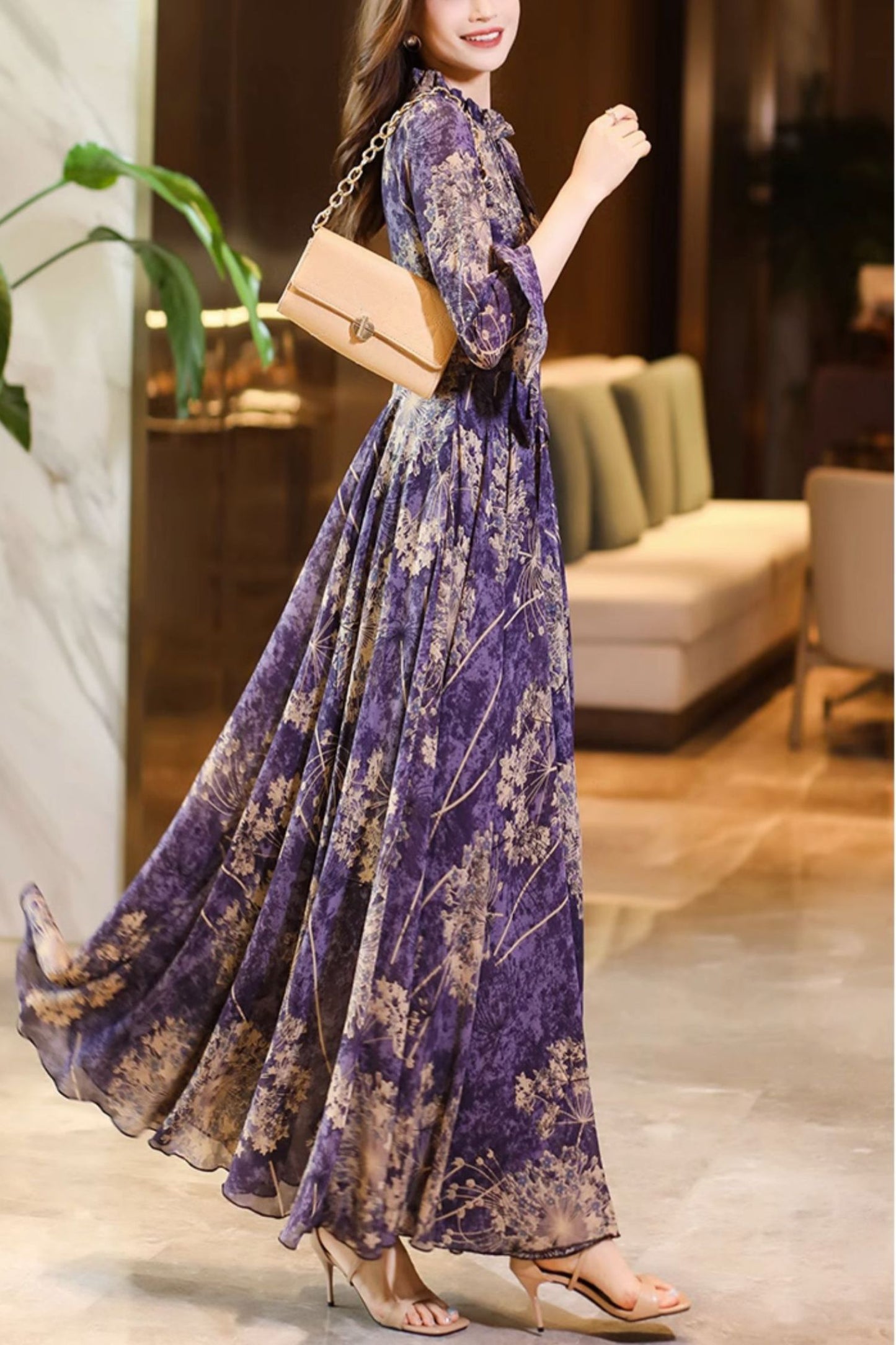 Long-sleeved chiffon printing large swing long dress C3972