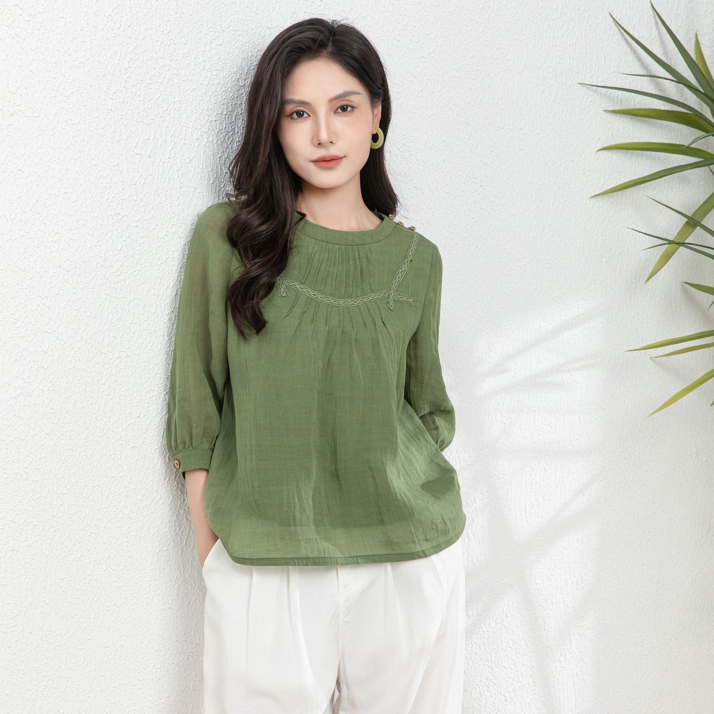 Summer Green Womens Linen Blouse c4981