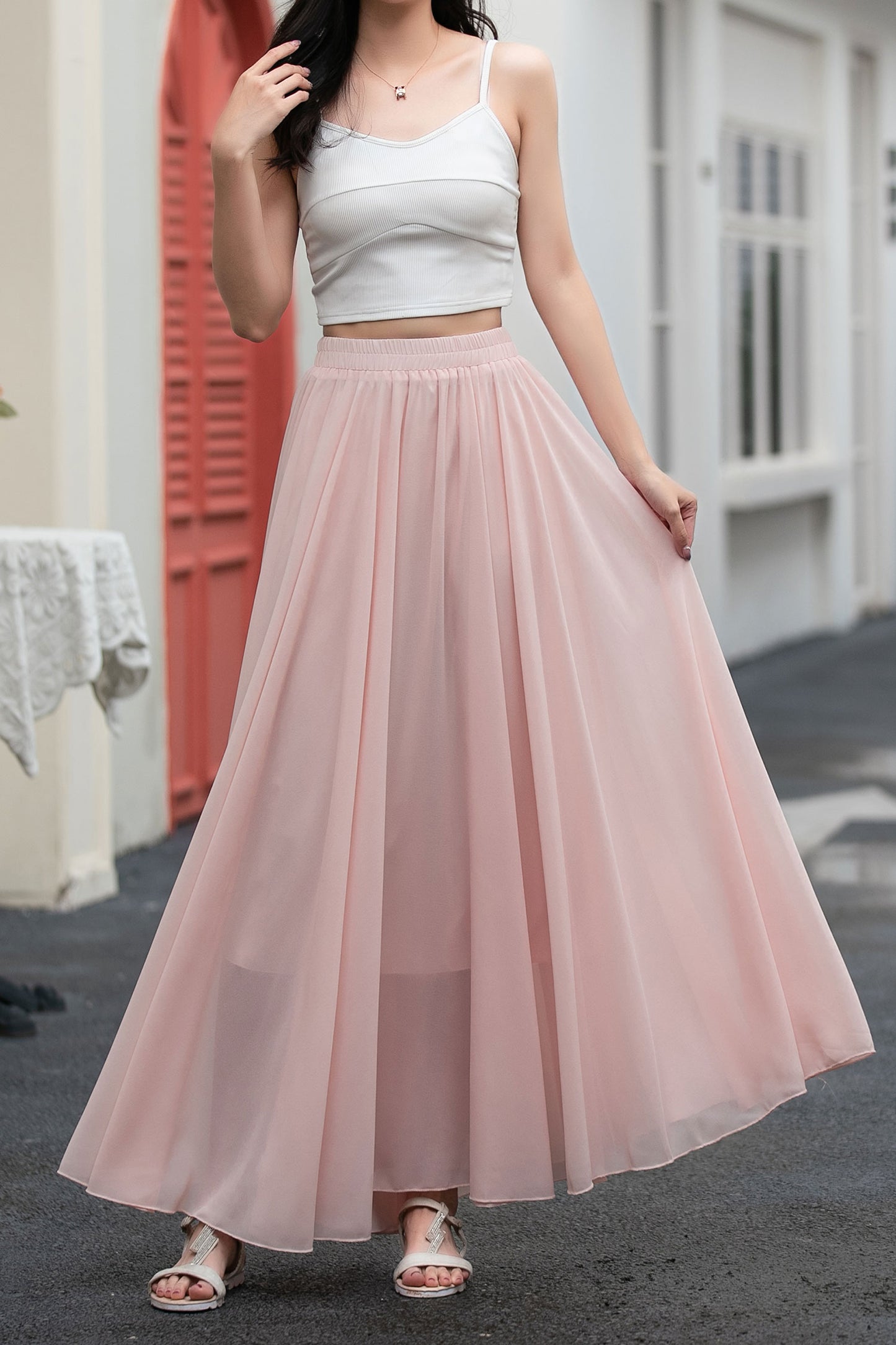 A line pink long chiffon skirt women C5034