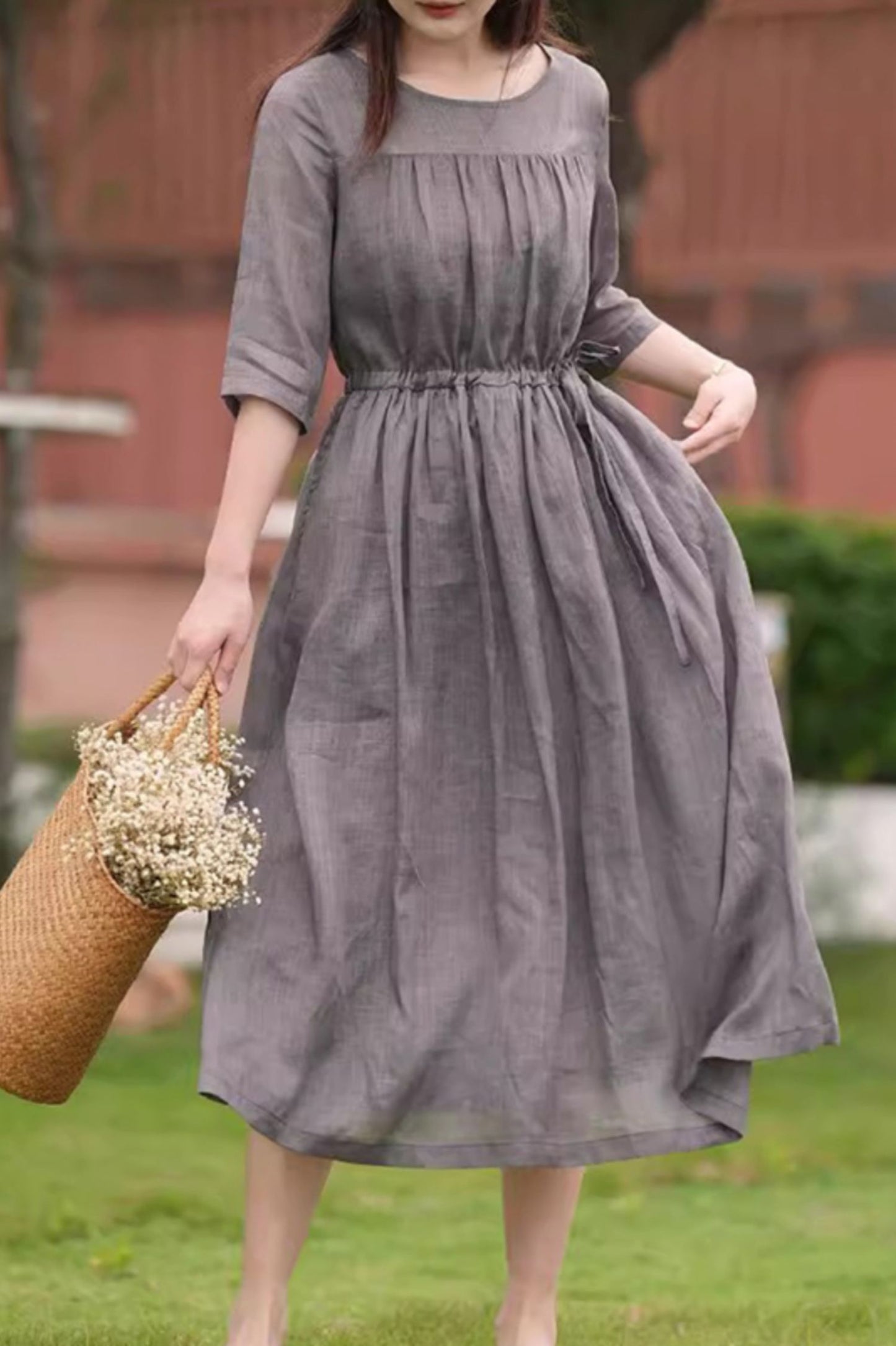 Grey Cotton Linen Midi Dress - Elastic Waist, Round Neck C3892
