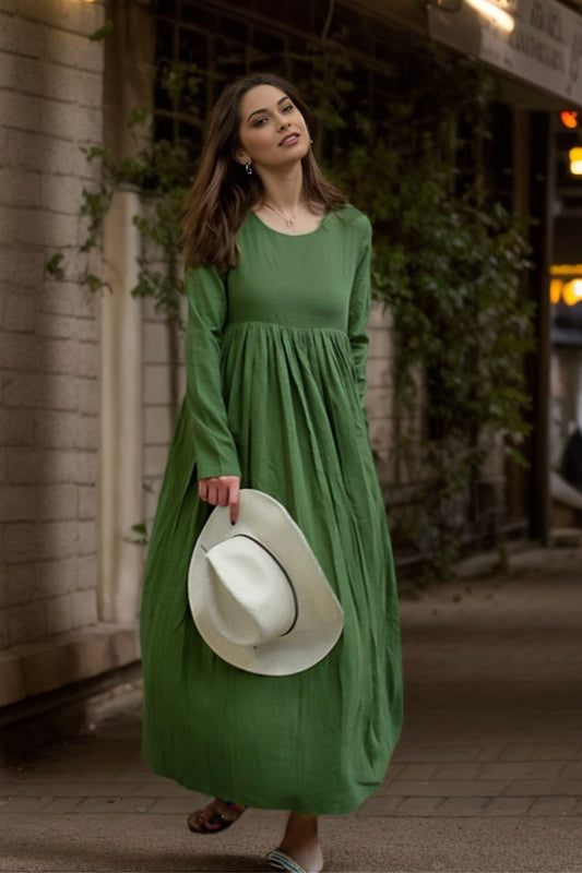 Green Linen Maxi Dress - Pleated Loose Fit with Asymmetrical Hem c4632