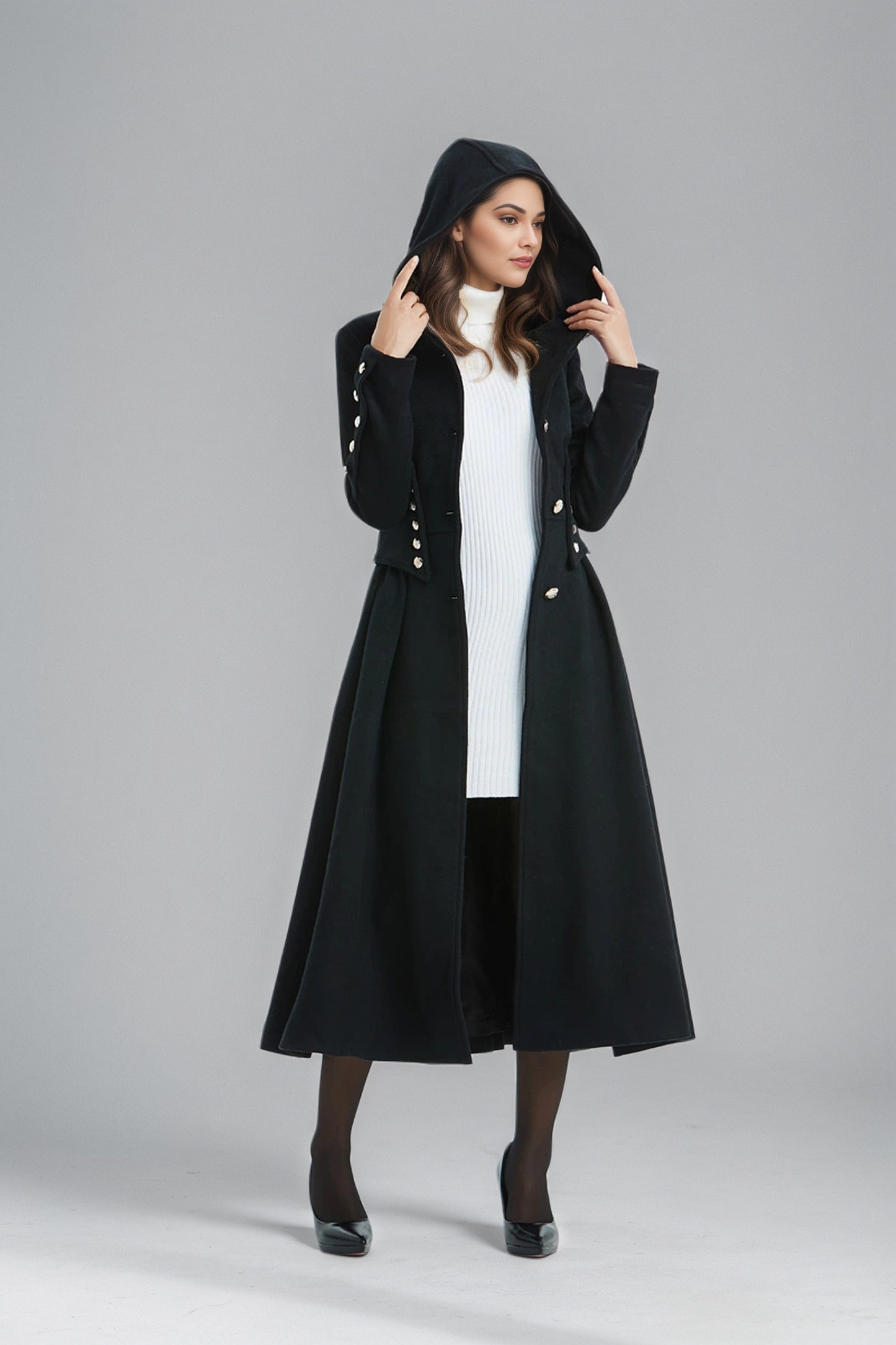 Military Hooded Winter Black Wool Coat C5135