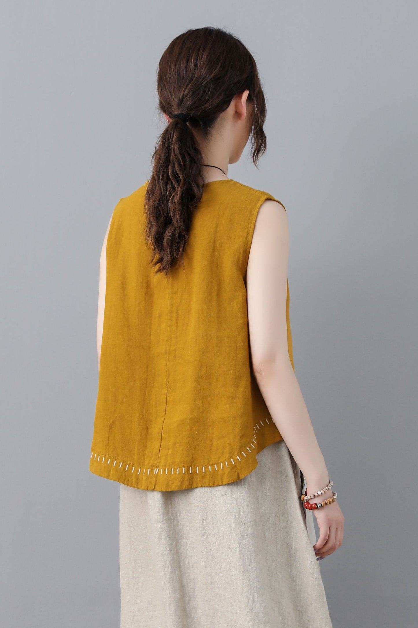 Yellow summer linen tank top women C2349