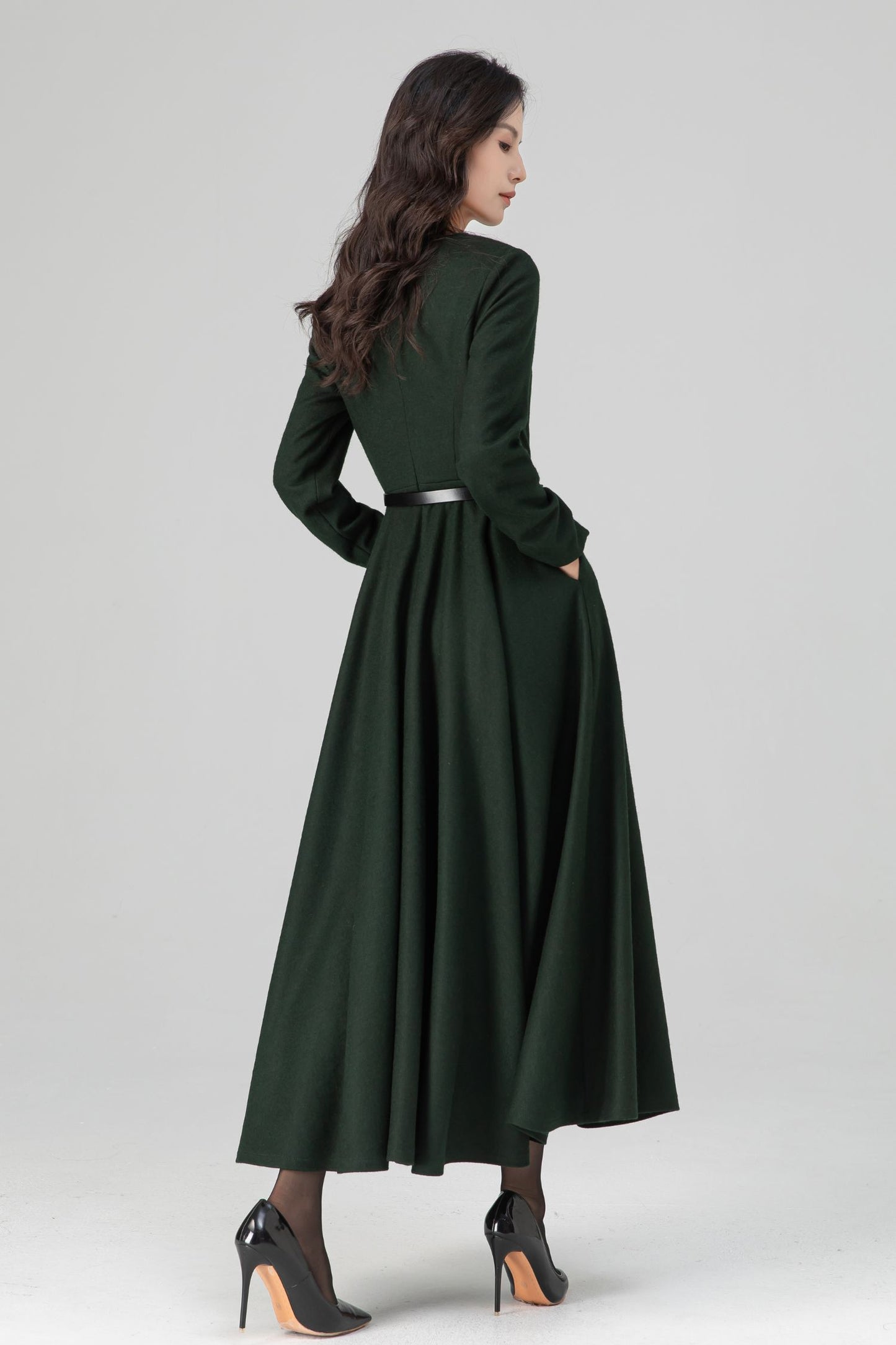 Retro Button Down Dark Green Midi Maxi Wool Dress C5202