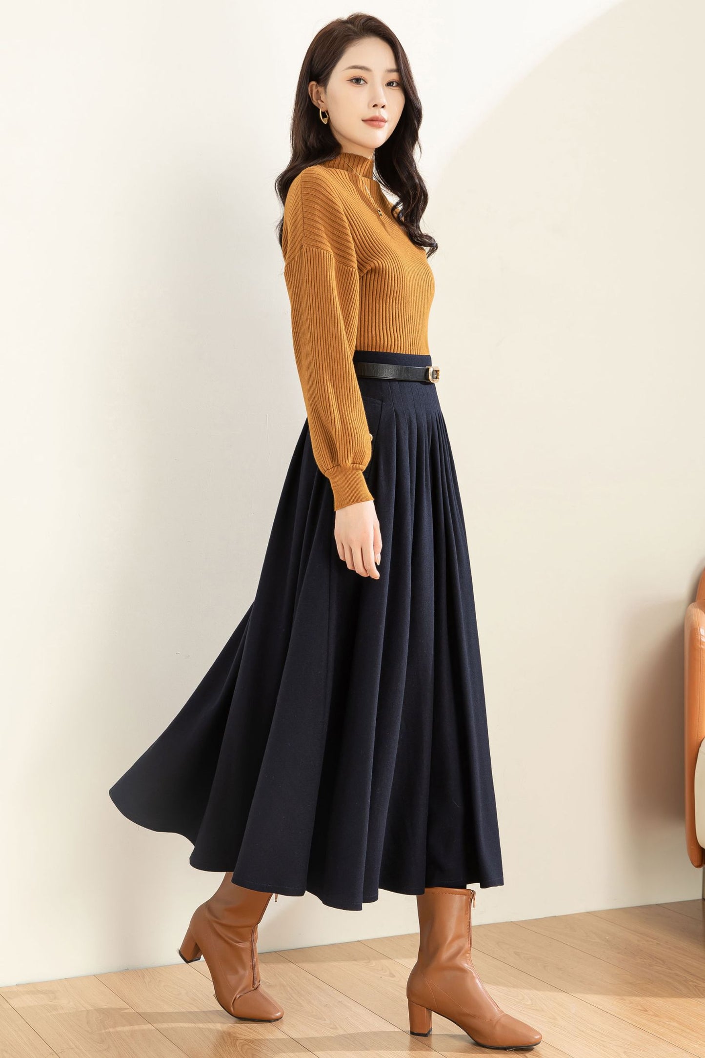 Navy Blue Wool Midi Skirt C3603