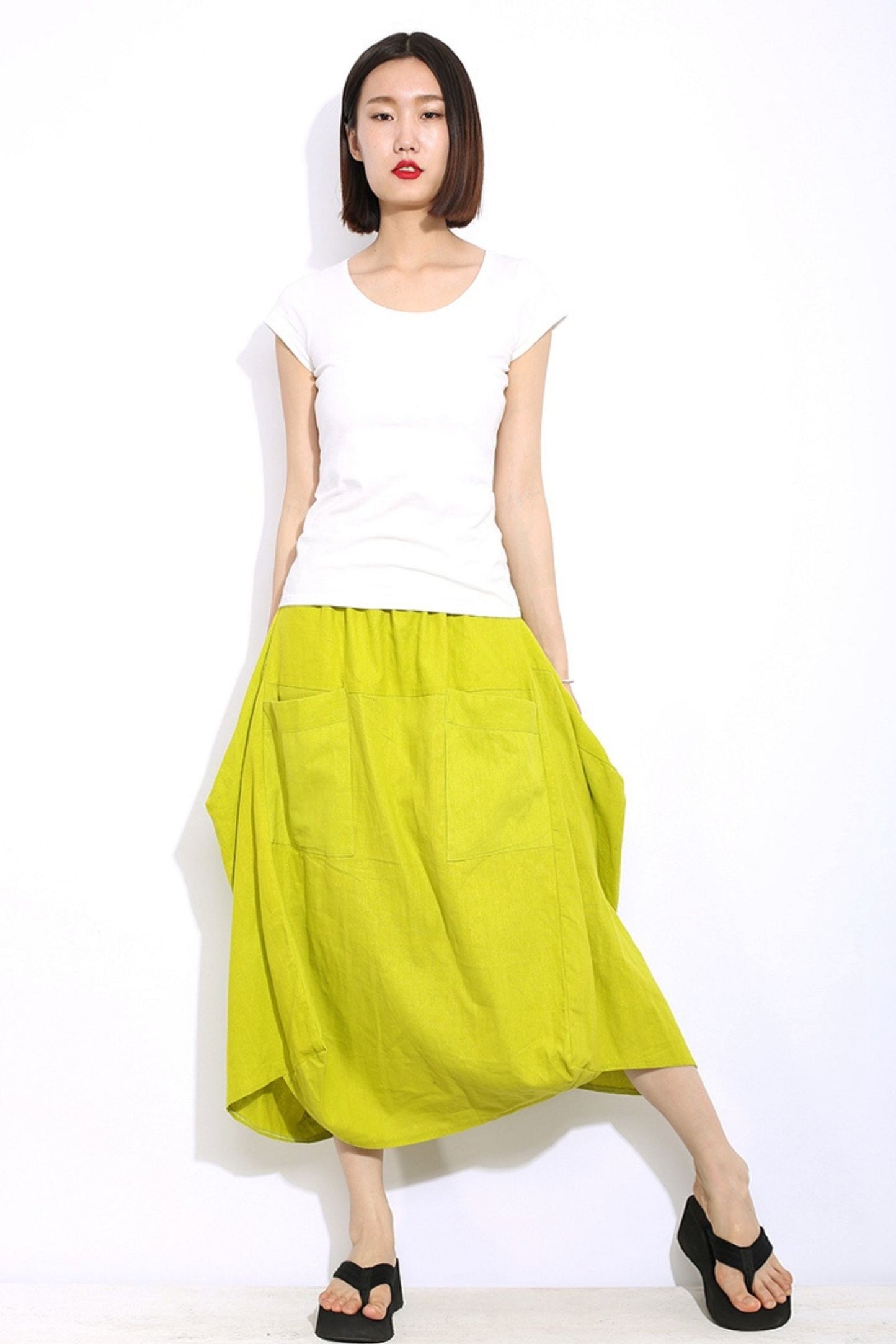 yellow midi linen asymmetrical skirt C338