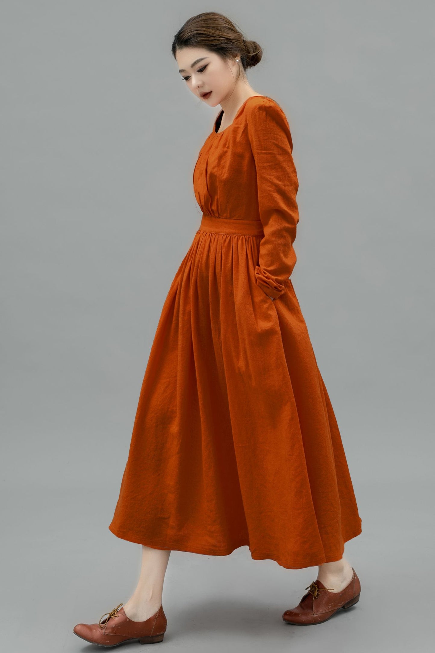 Long Sleeve Orange Linen Dress for Women C4750