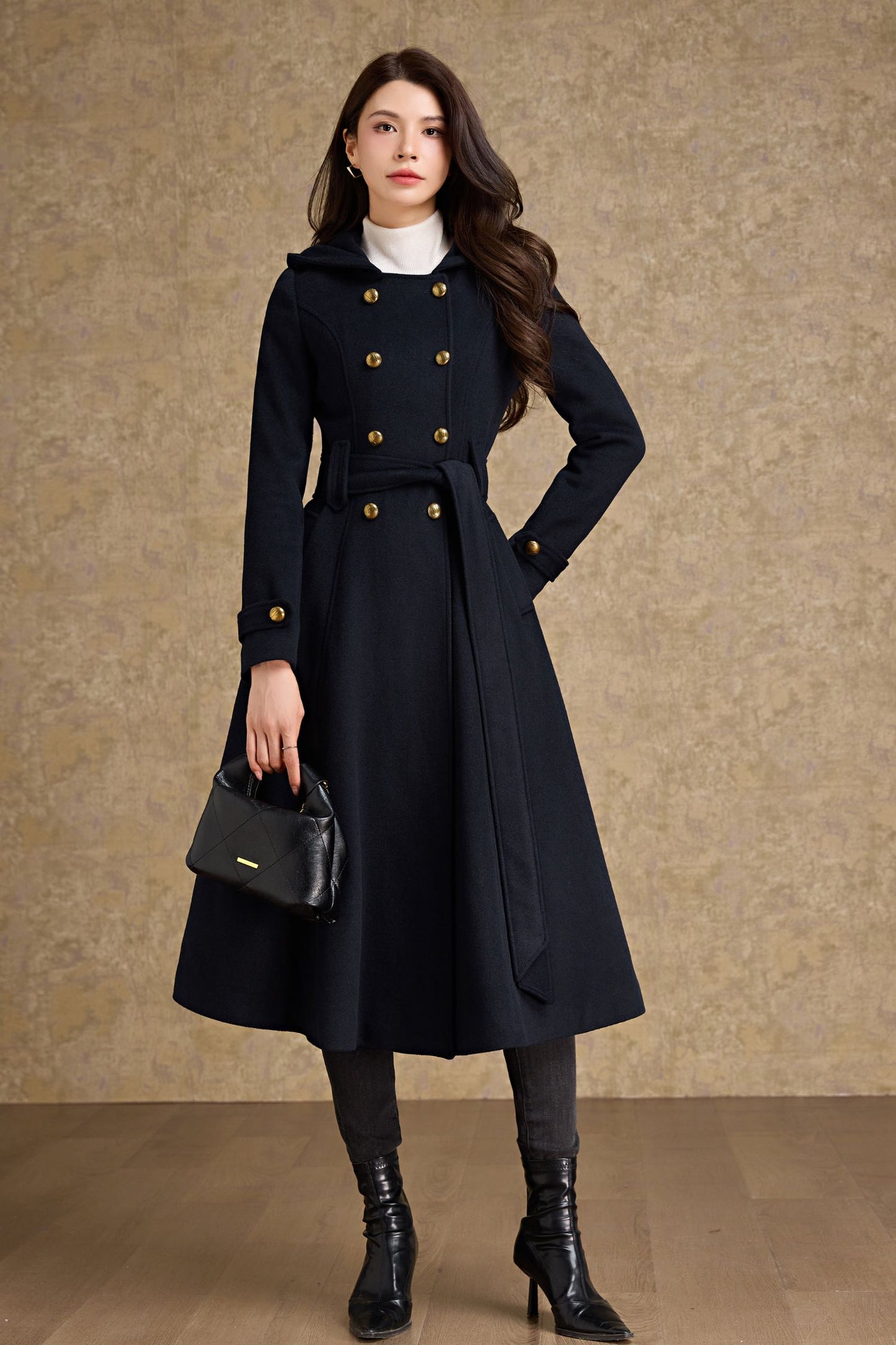 Double breasted hooded long wool coat C4480