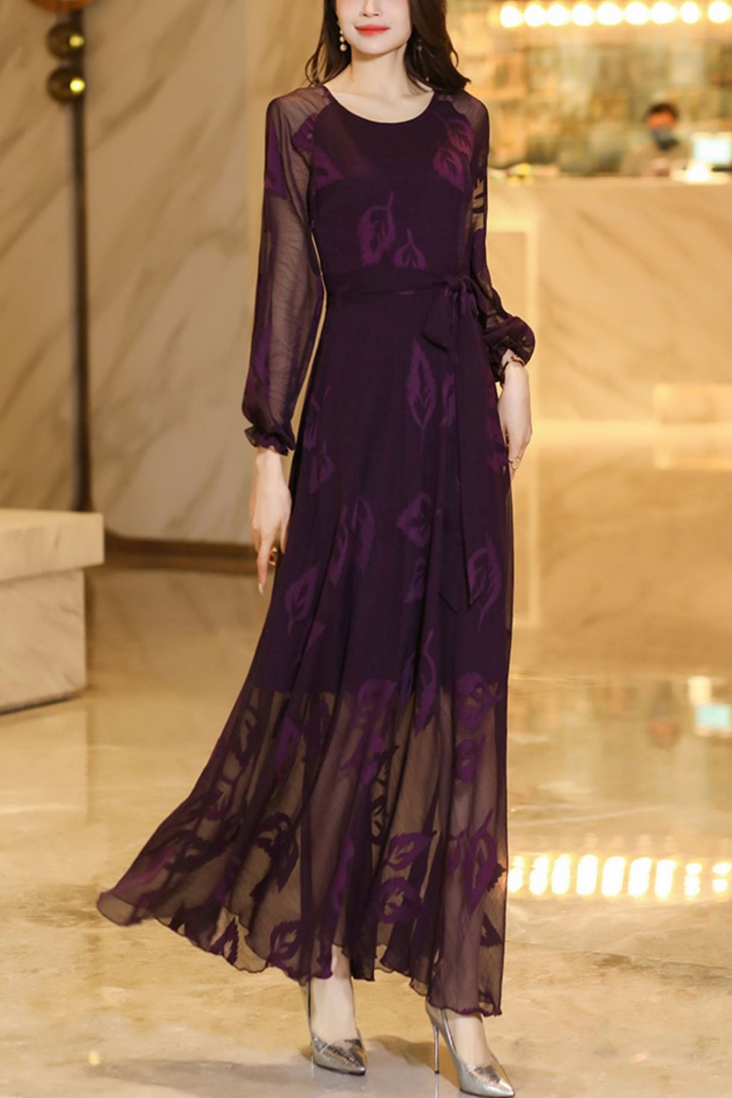 Summer Purple Long Sleeve Chiffon Dress C4110