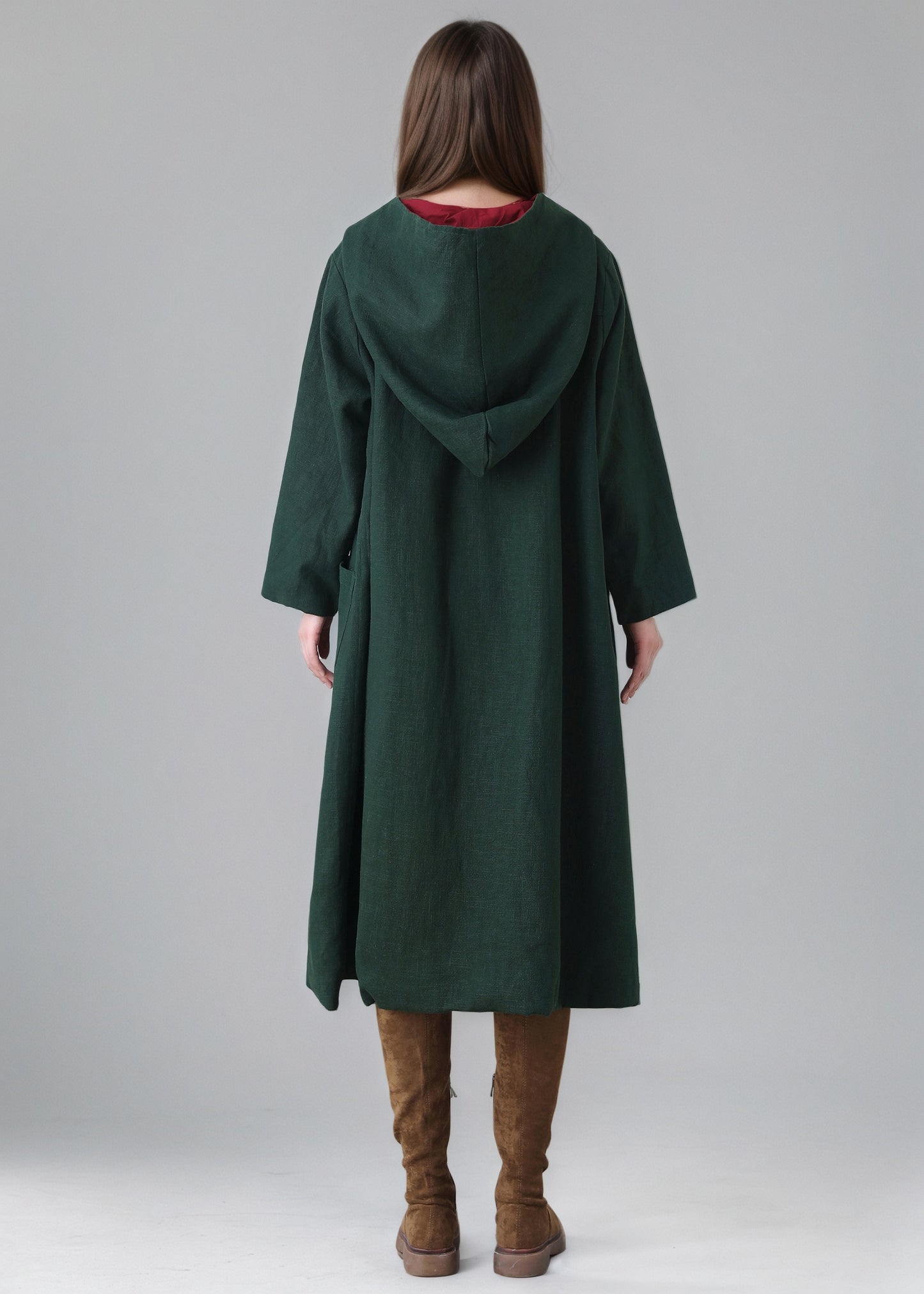 Women's Oversized Hooded Linen Jacket, Green Linen Cape Coat C5148