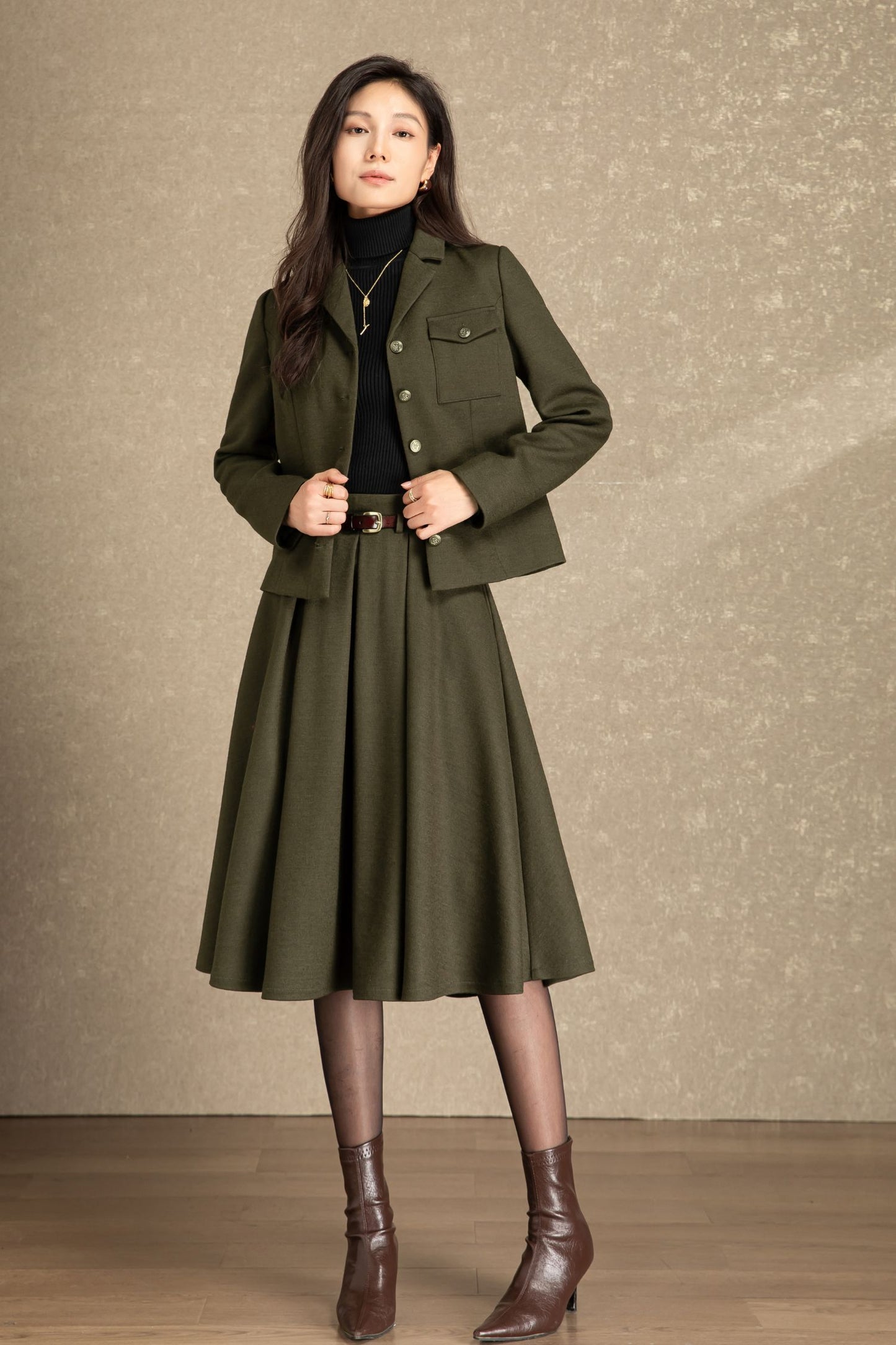 Army green pleating winter wool skirt C4486