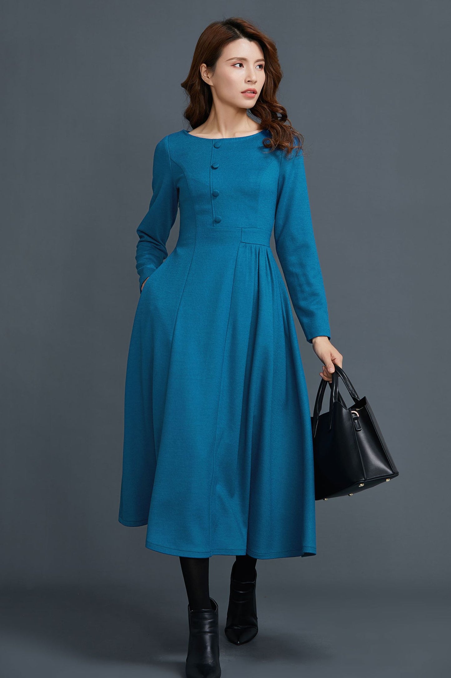Long sleeves blue midi wool dress women C1654