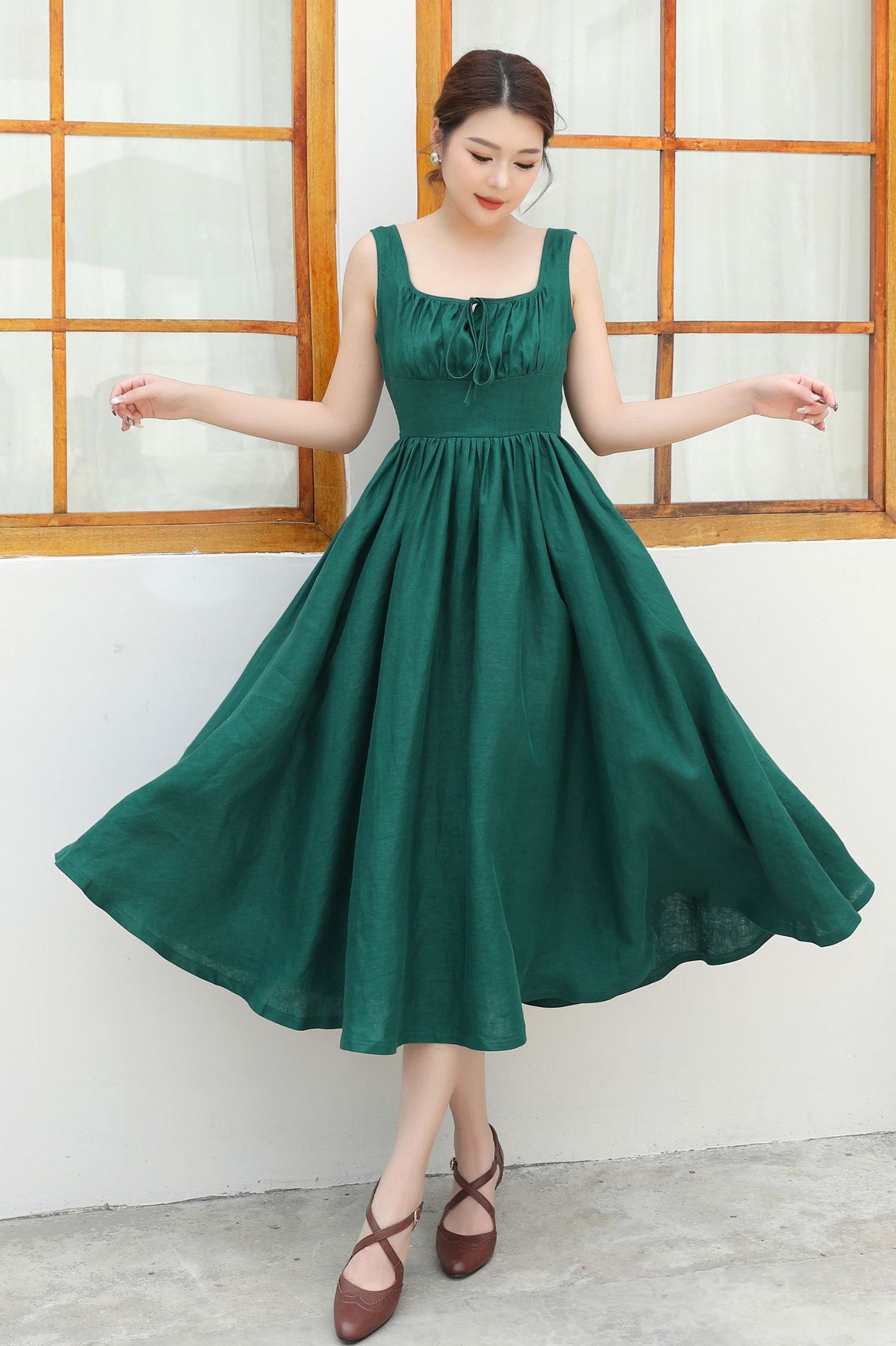 Flattering High-Waisted Green Linen Pinafore Dress c4838