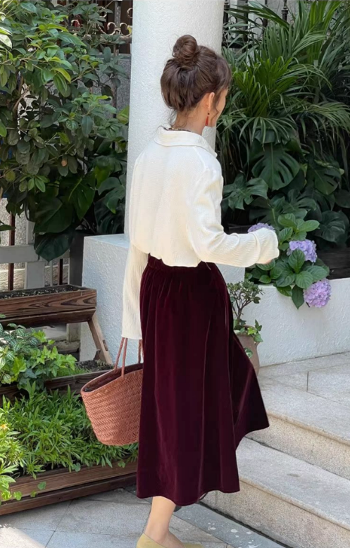 A line burgundy velvet midi skirt C4540