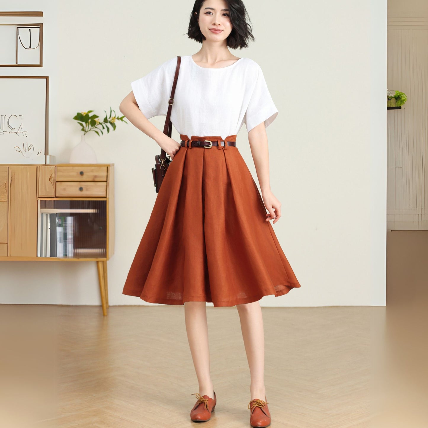 Orange Linen Skirt for Women C4732