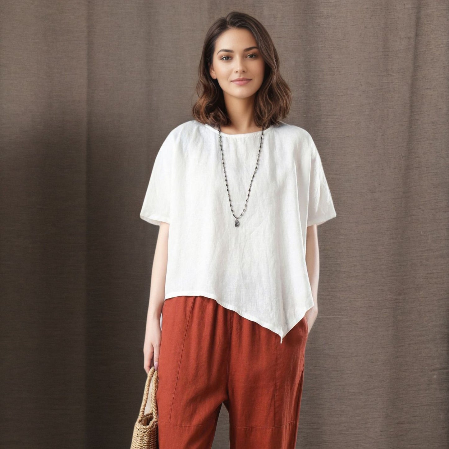 Women's Asymmetrical Linen Tops C4847