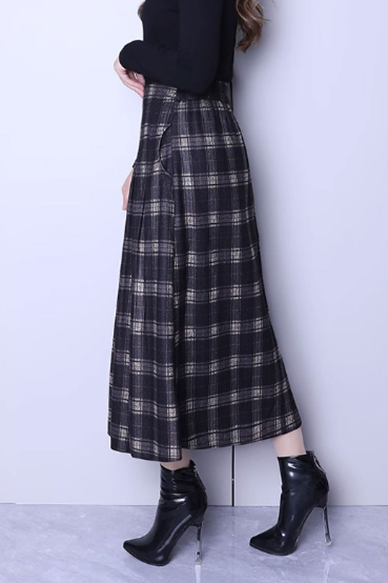 pleated winter long plaid wool skirt C3749