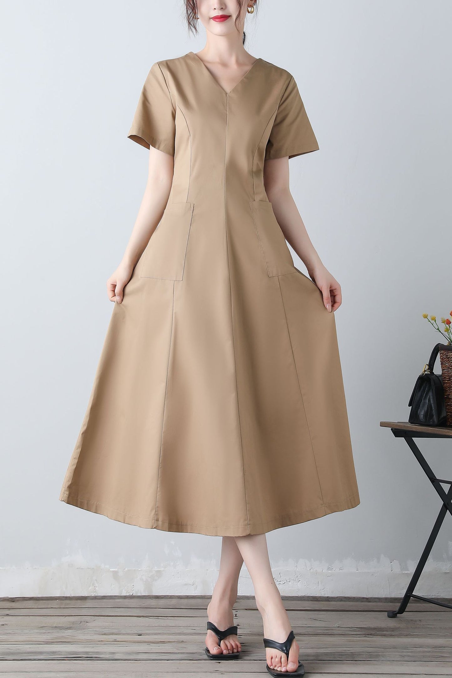 Women's v neck khaki dress C3454