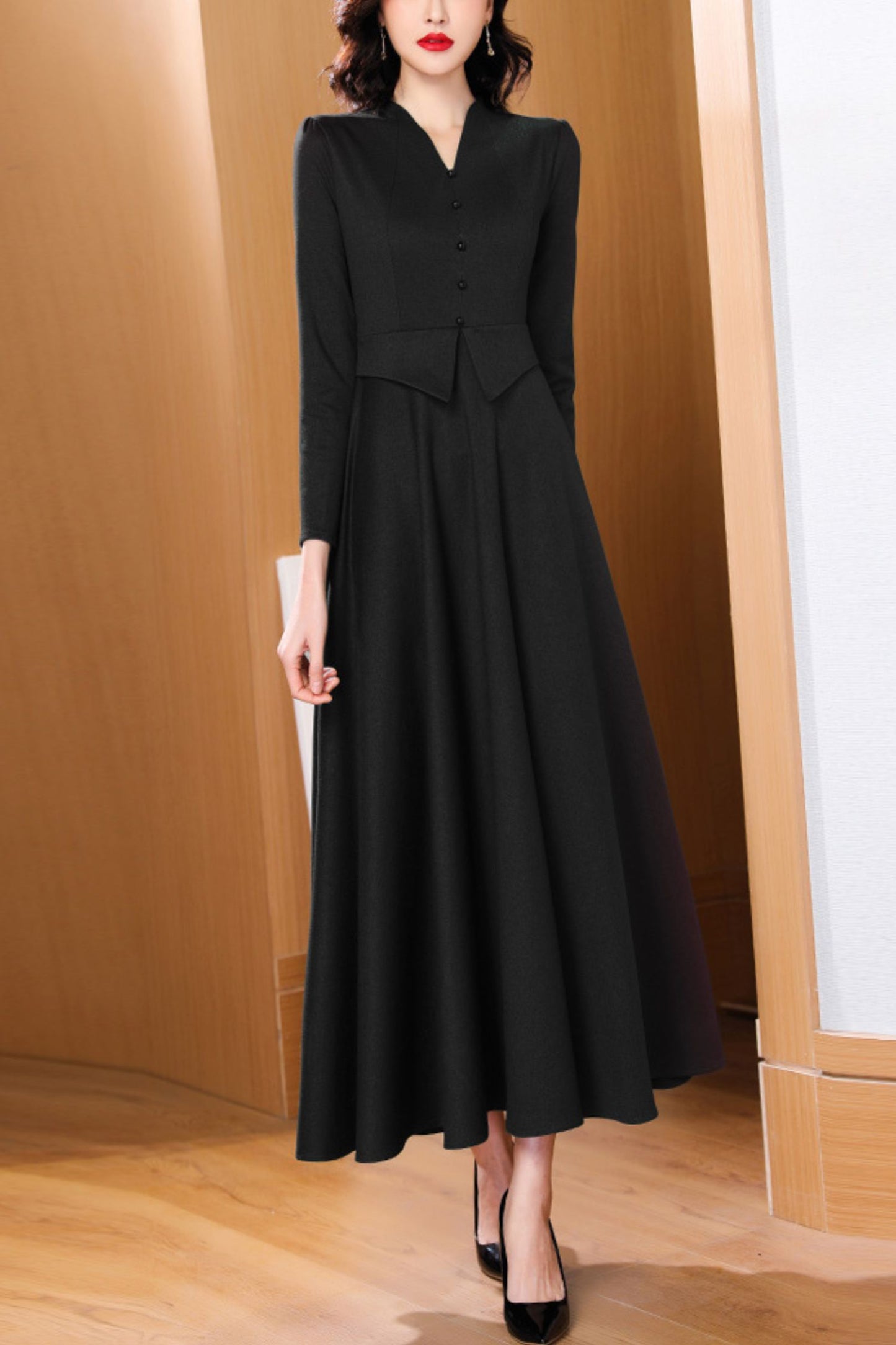 Green Polyester Long Sleeve Maxi Dress - Flared Waist Detail C4188
