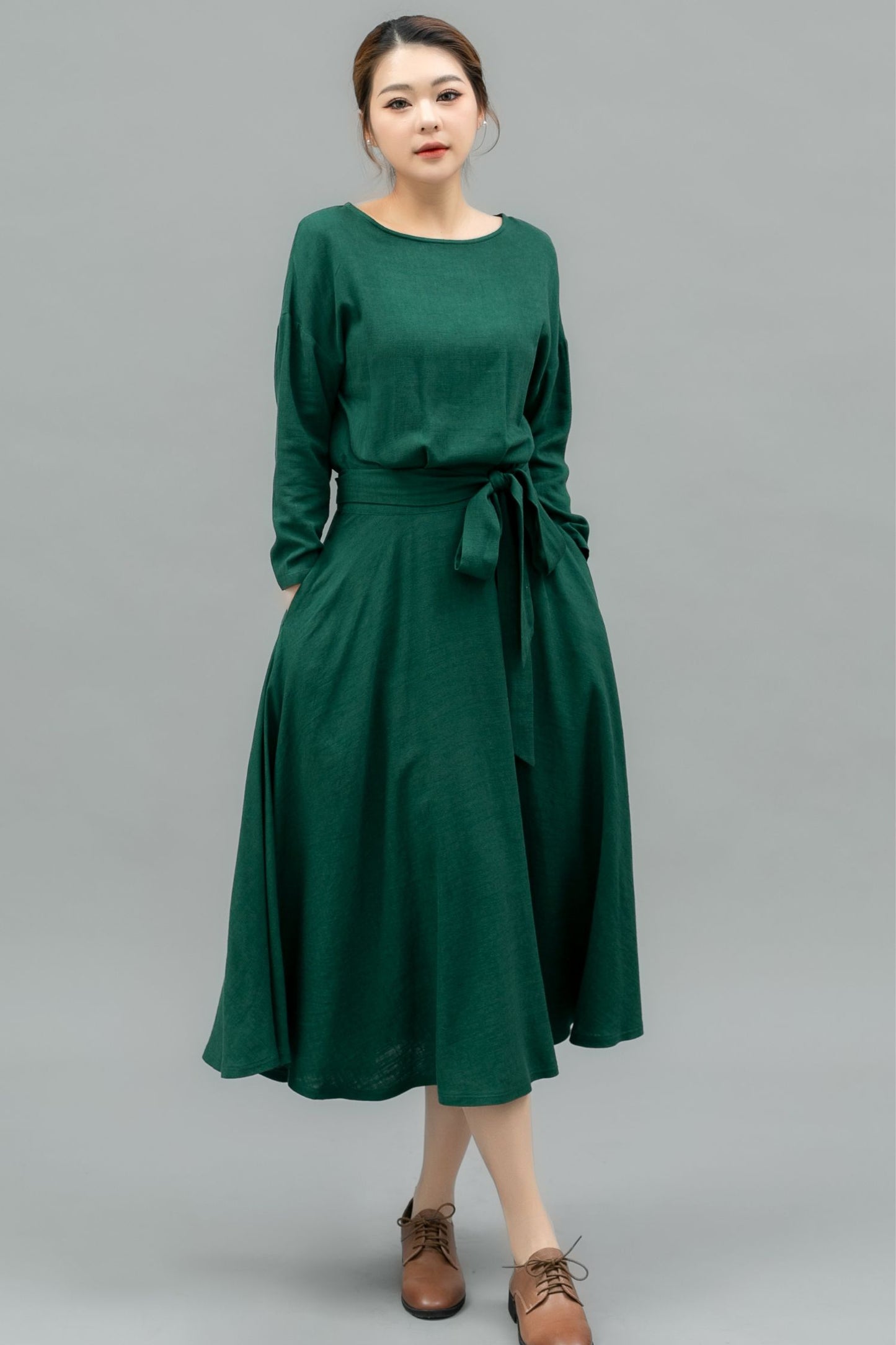 Elegant Green Linen Midi Dress C4740