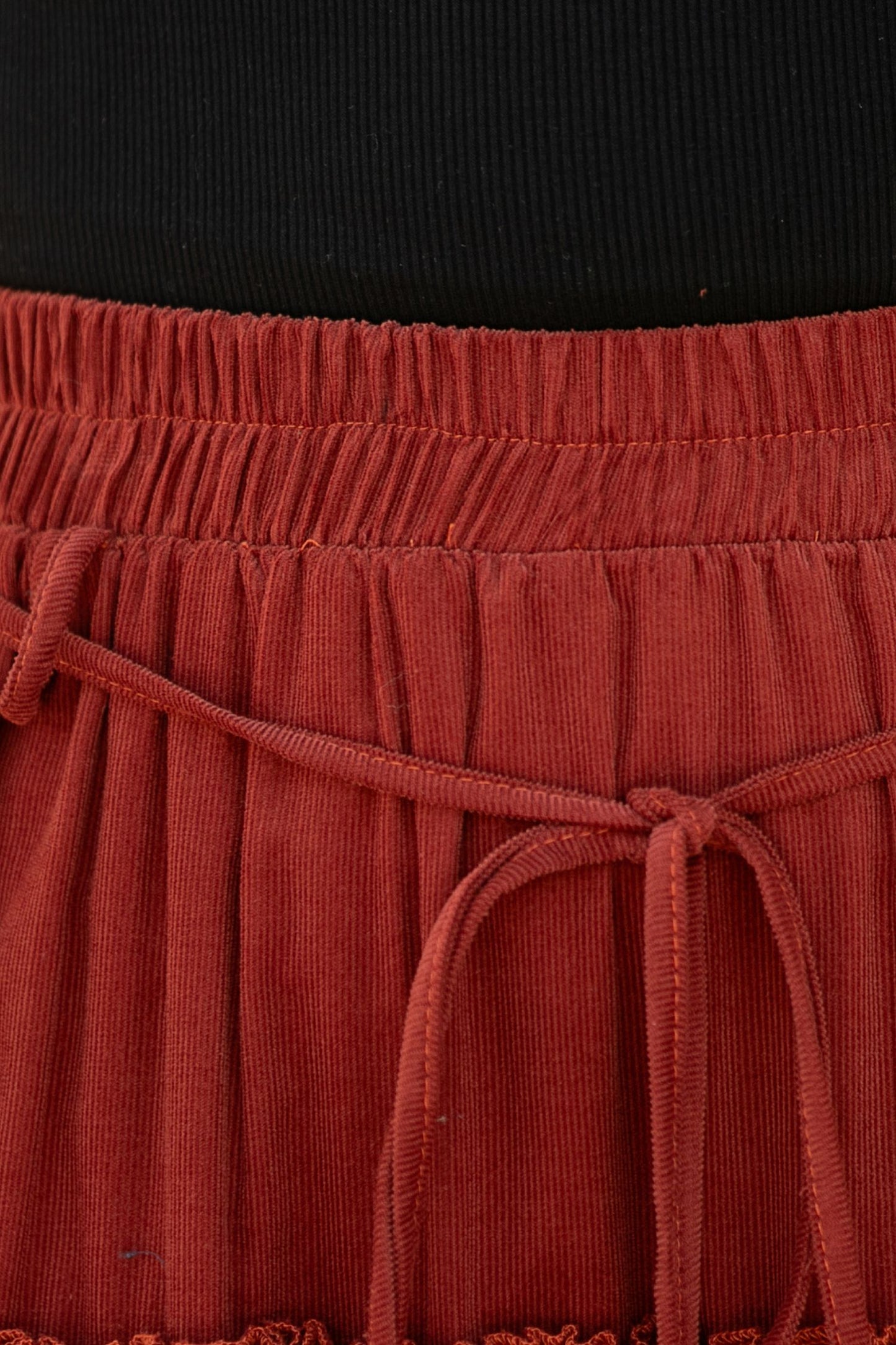 Rust Corduroy Tiered Maxi Skirt – Elastic Waist Boho Pleated Skirt C5436