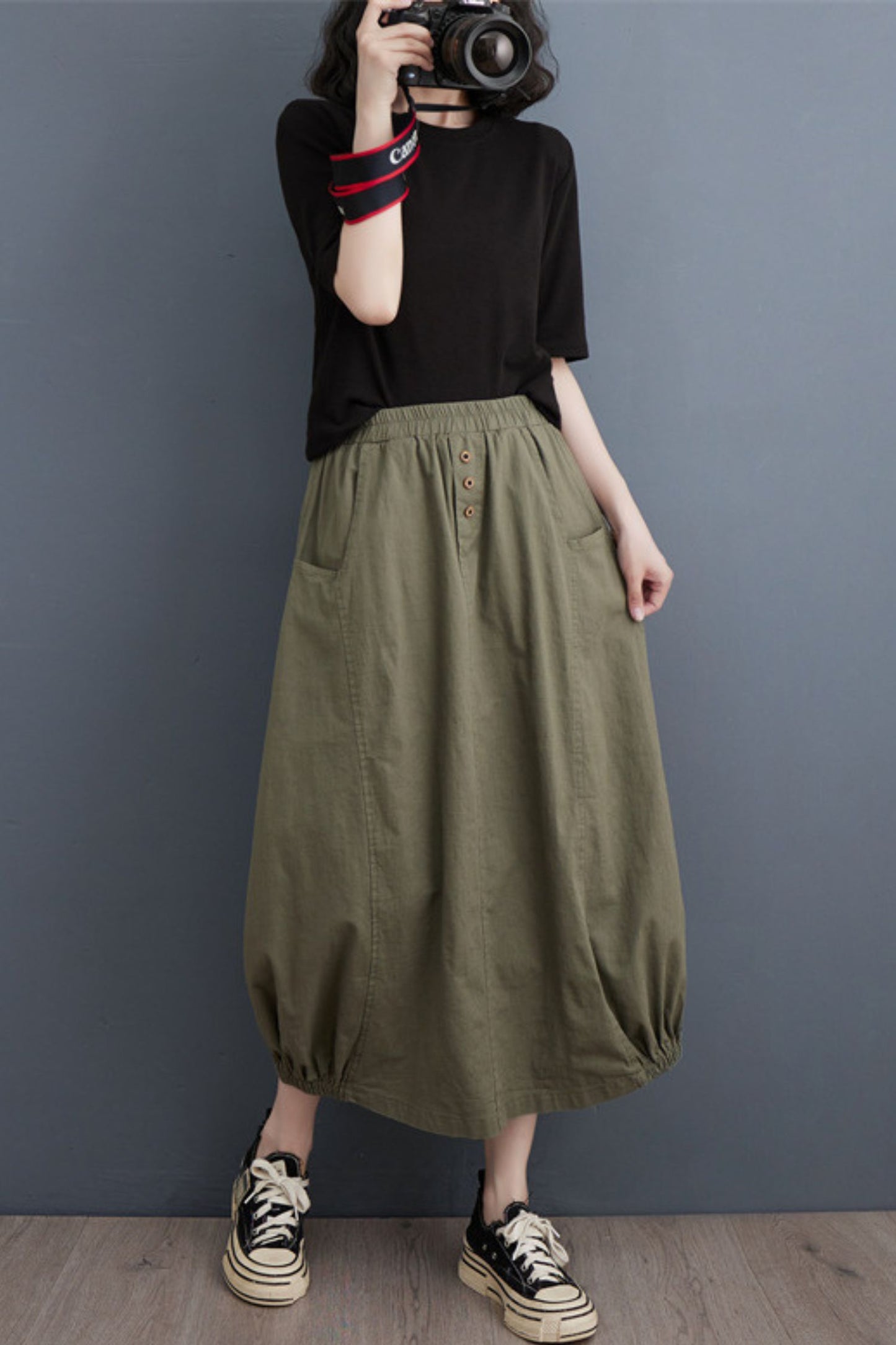 Cotton Linen Women Casual Elastic Waist A-line Skirt TT0020