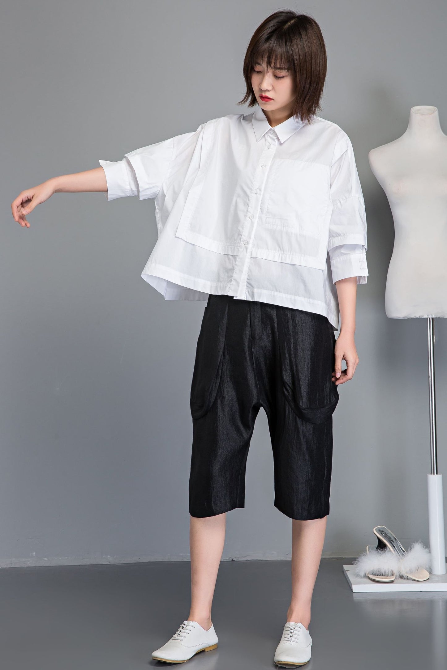White cotton summer short sleeve shirt C1232