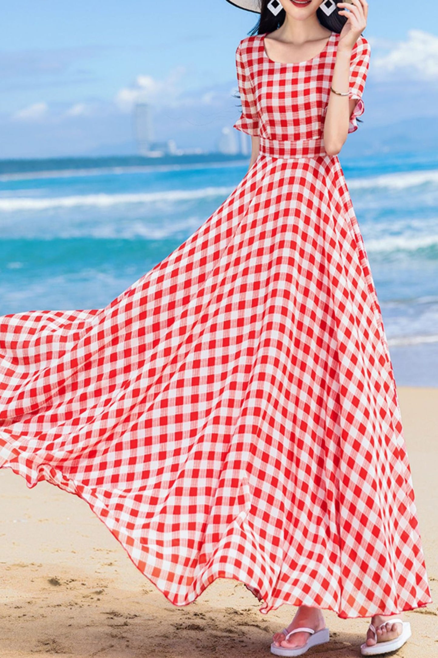 Chiffon Women Red Plaid Short Sleeve dress C4050