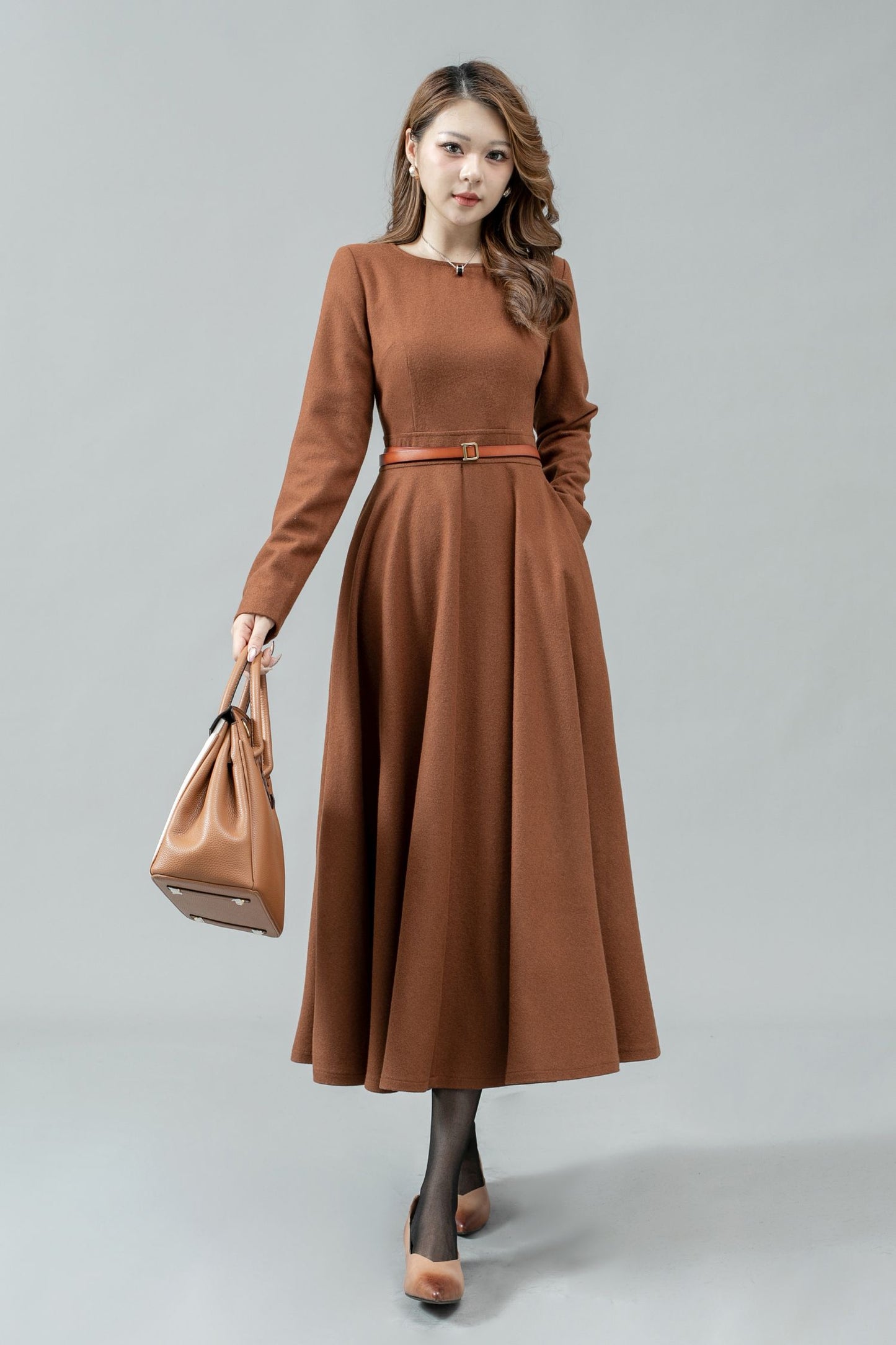 Fit and flare long winter wool dress C4447