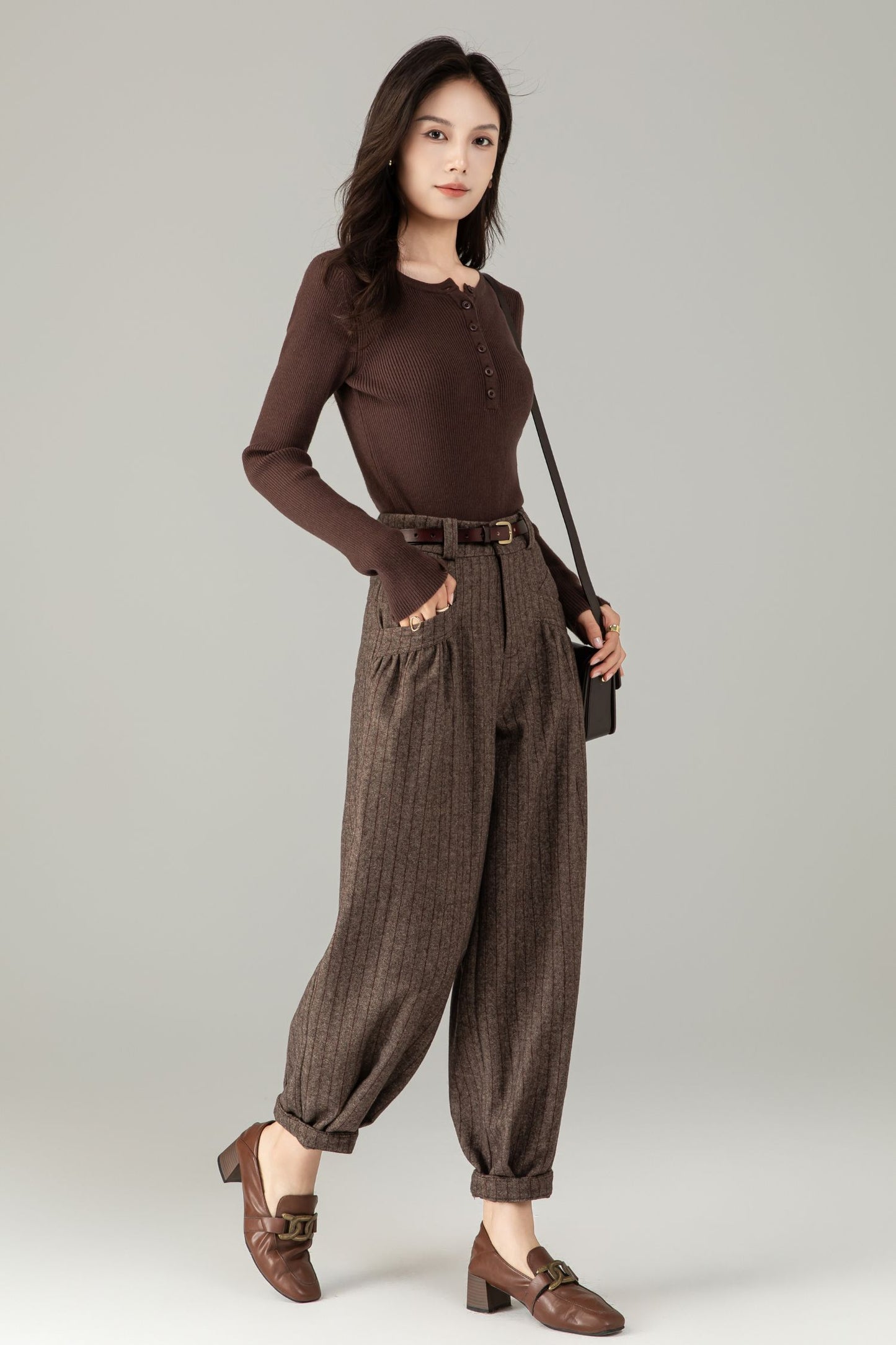 Brown Wool Striped Trousers - Classic Fit & Comfort | Winter Smart Casual Pants C5244
