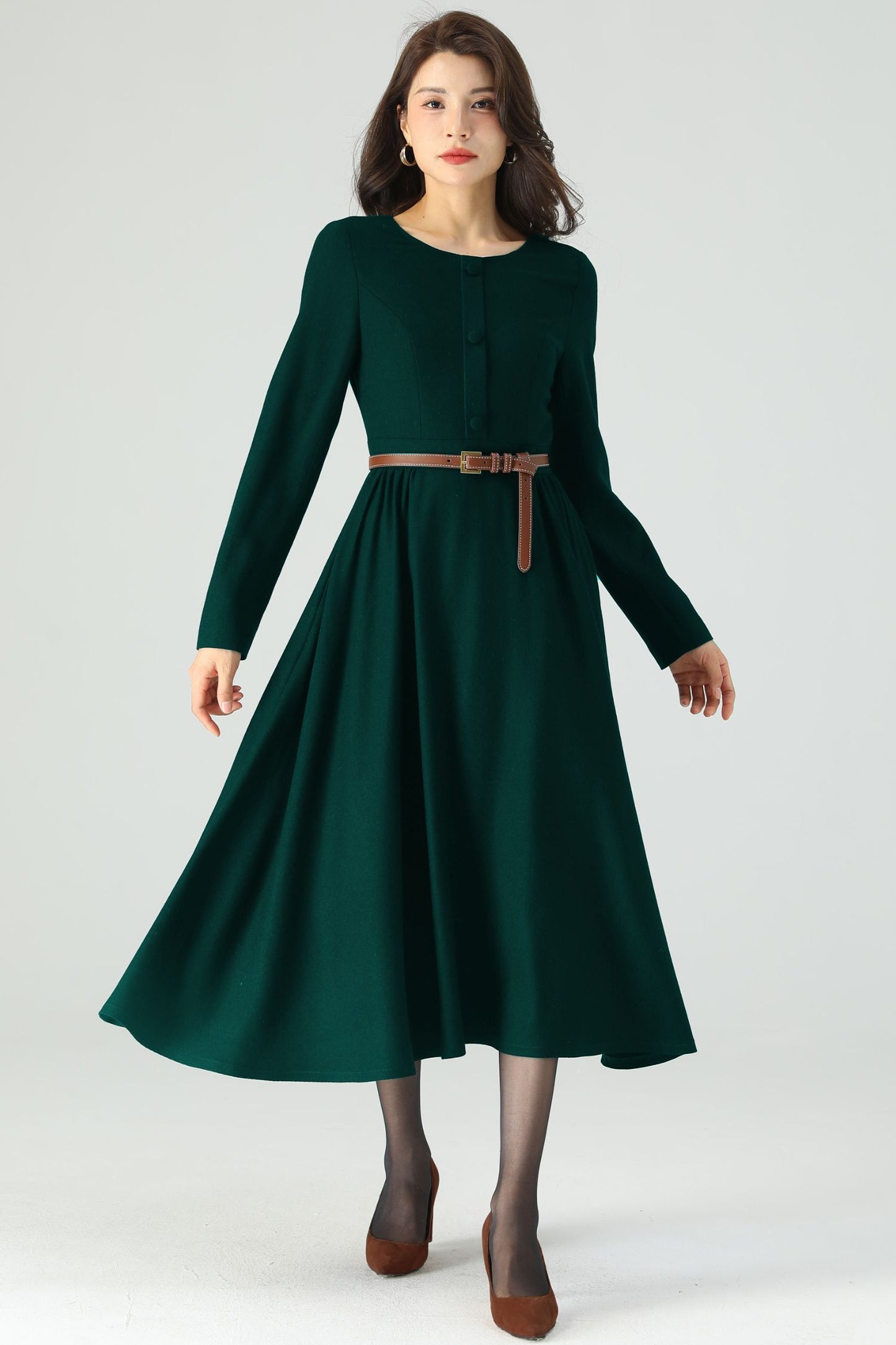 Dark Green Midi Wool Dress C4528