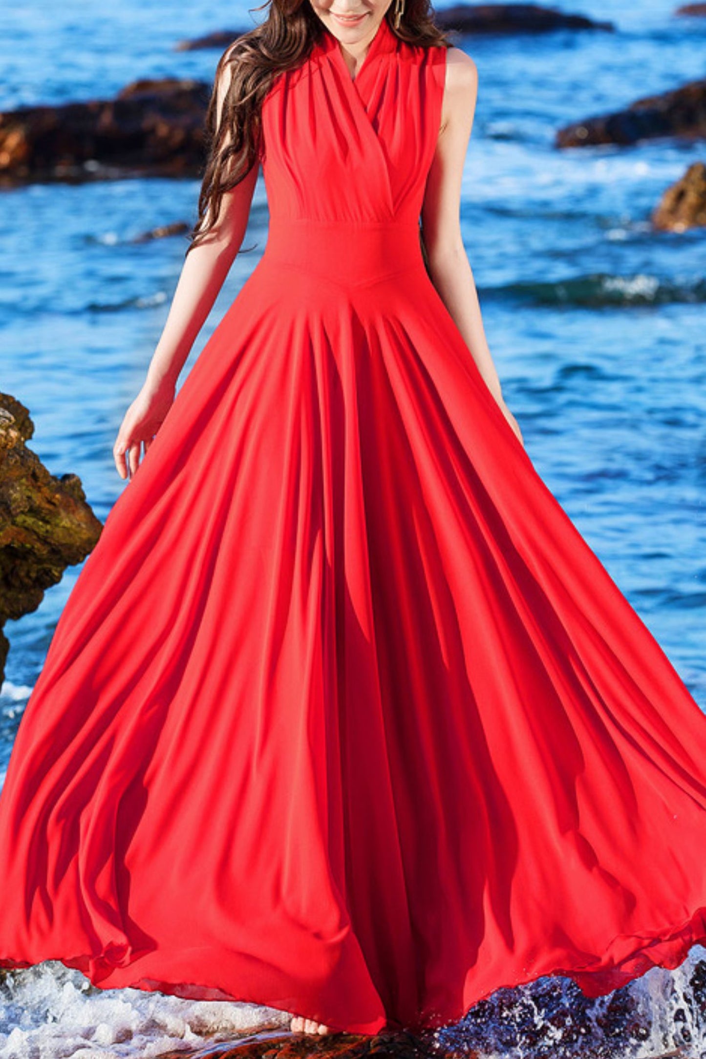 Women's New Chiffon Long V-neck Sleeveless Dress C4095