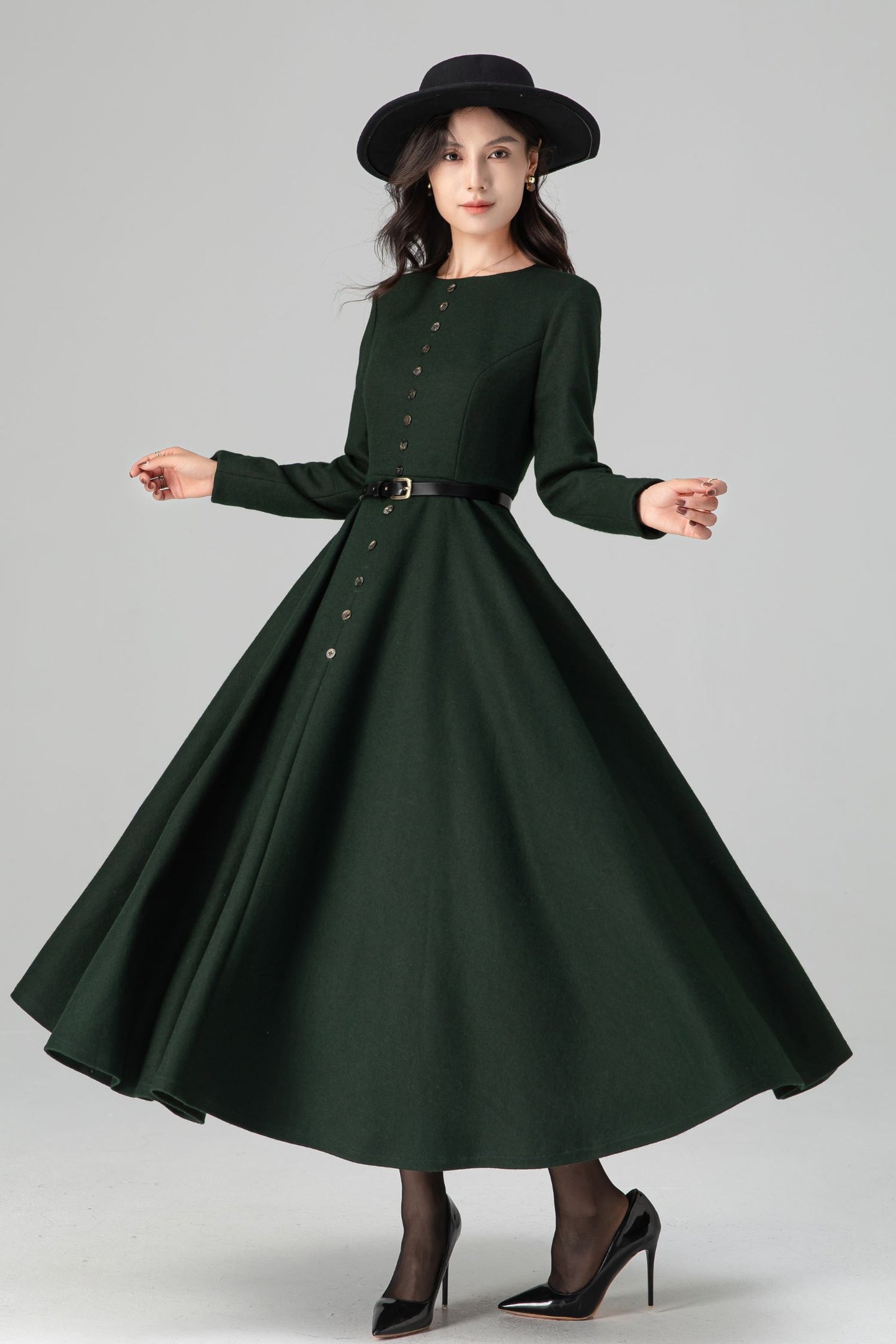 Retro Button Down Dark Green Midi Maxi Wool Dress C5202