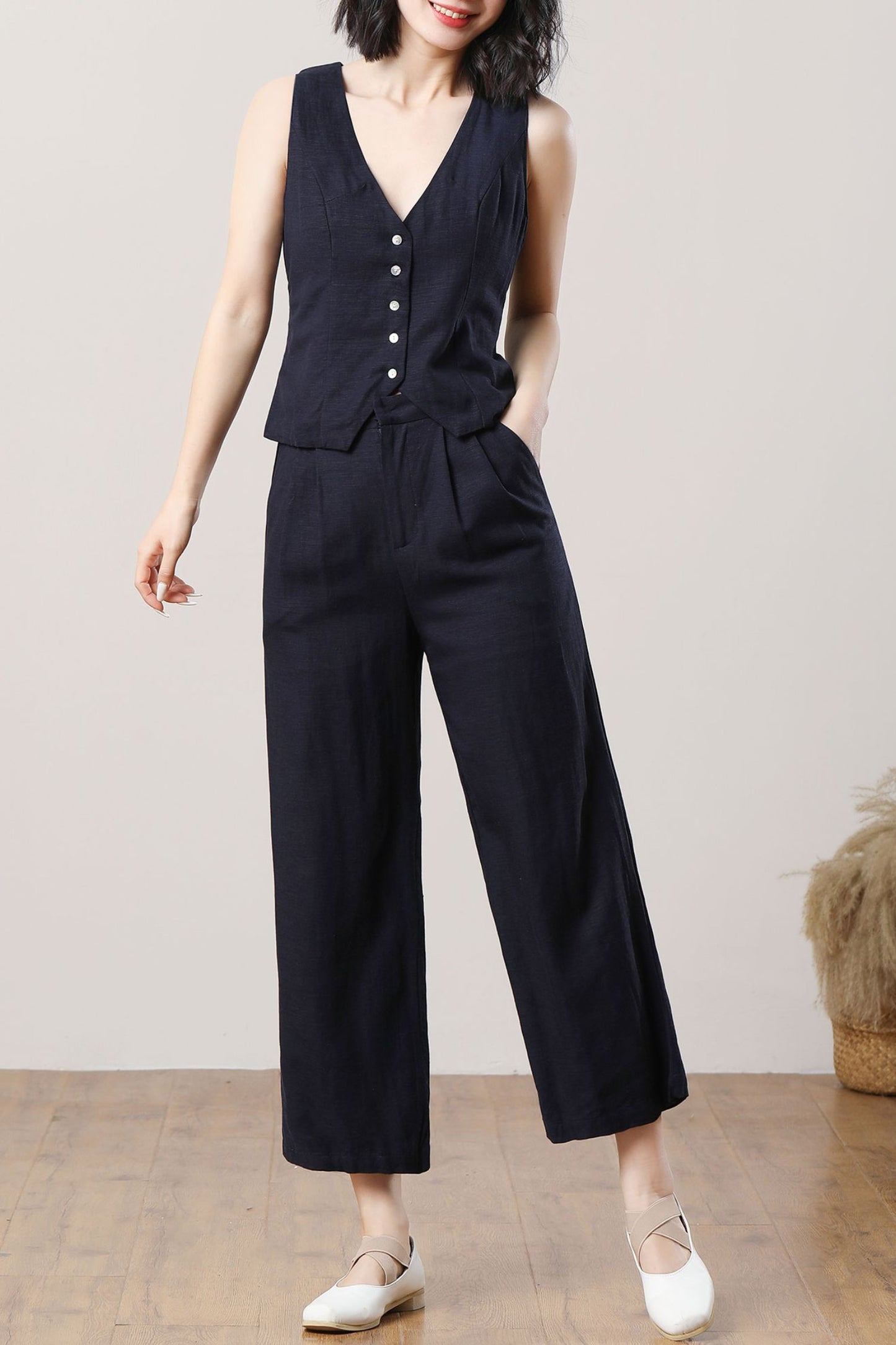 Womens spring and summer Denim blue linen vest suit C3707