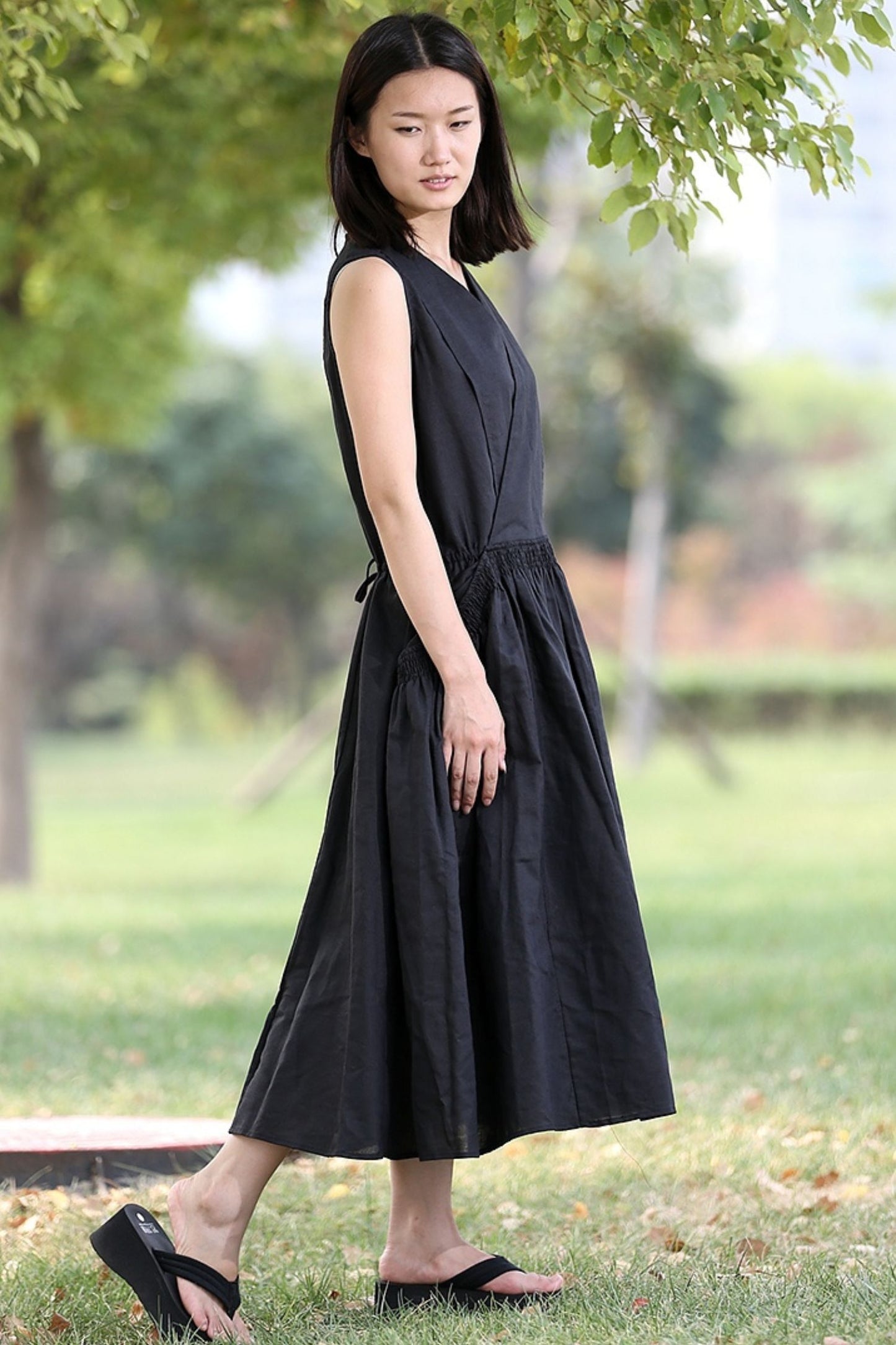 Midi linen black womens summer dress C277