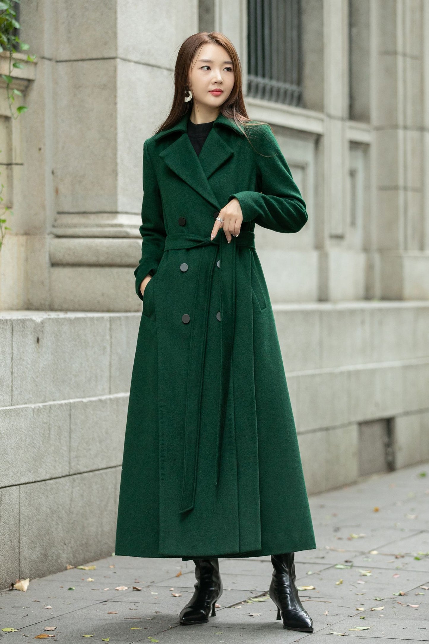 Maxi green long trench wool coat C4505