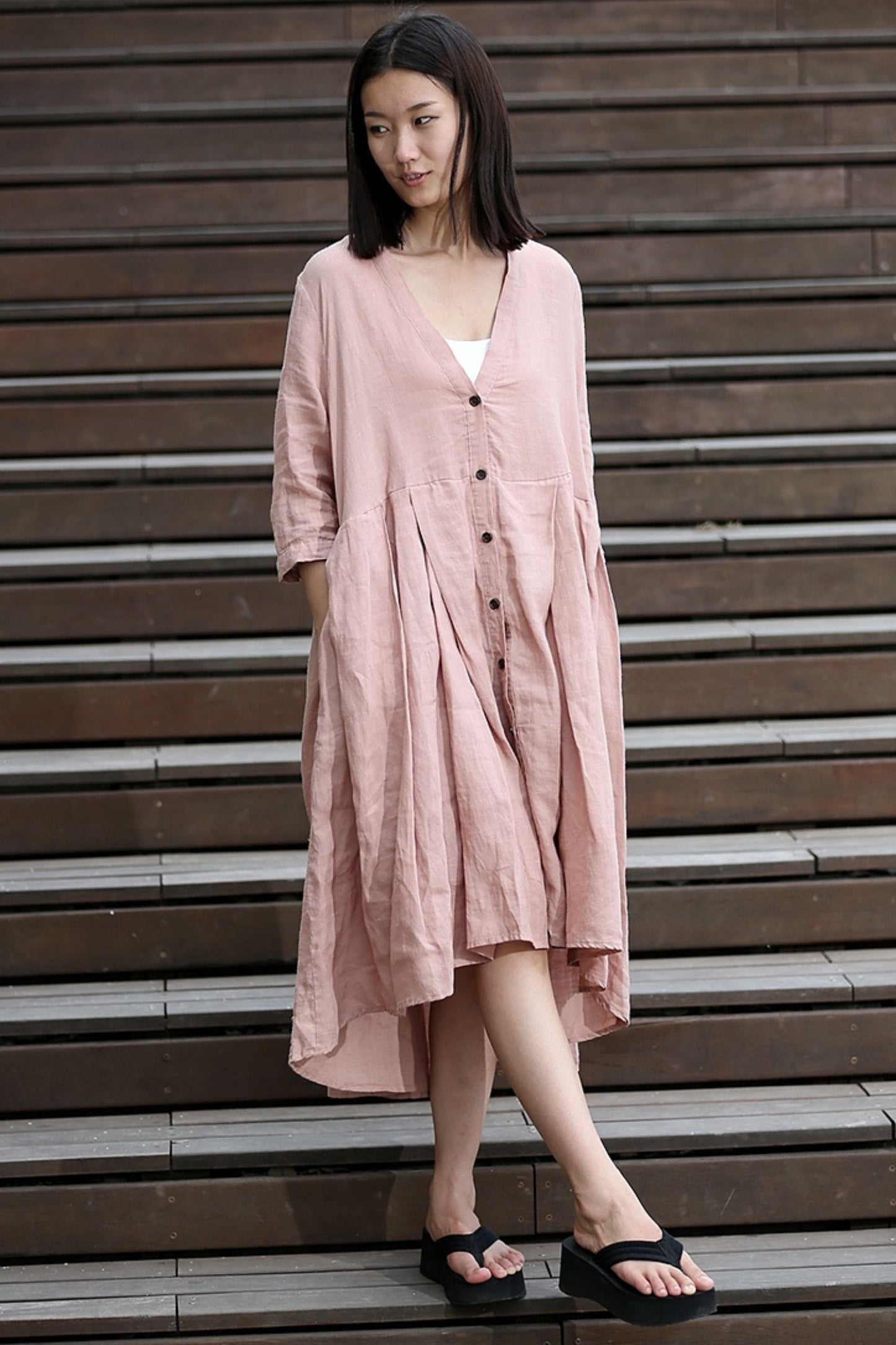 Casual Linen Loose-Fitting Pleated Shirt Dress C276