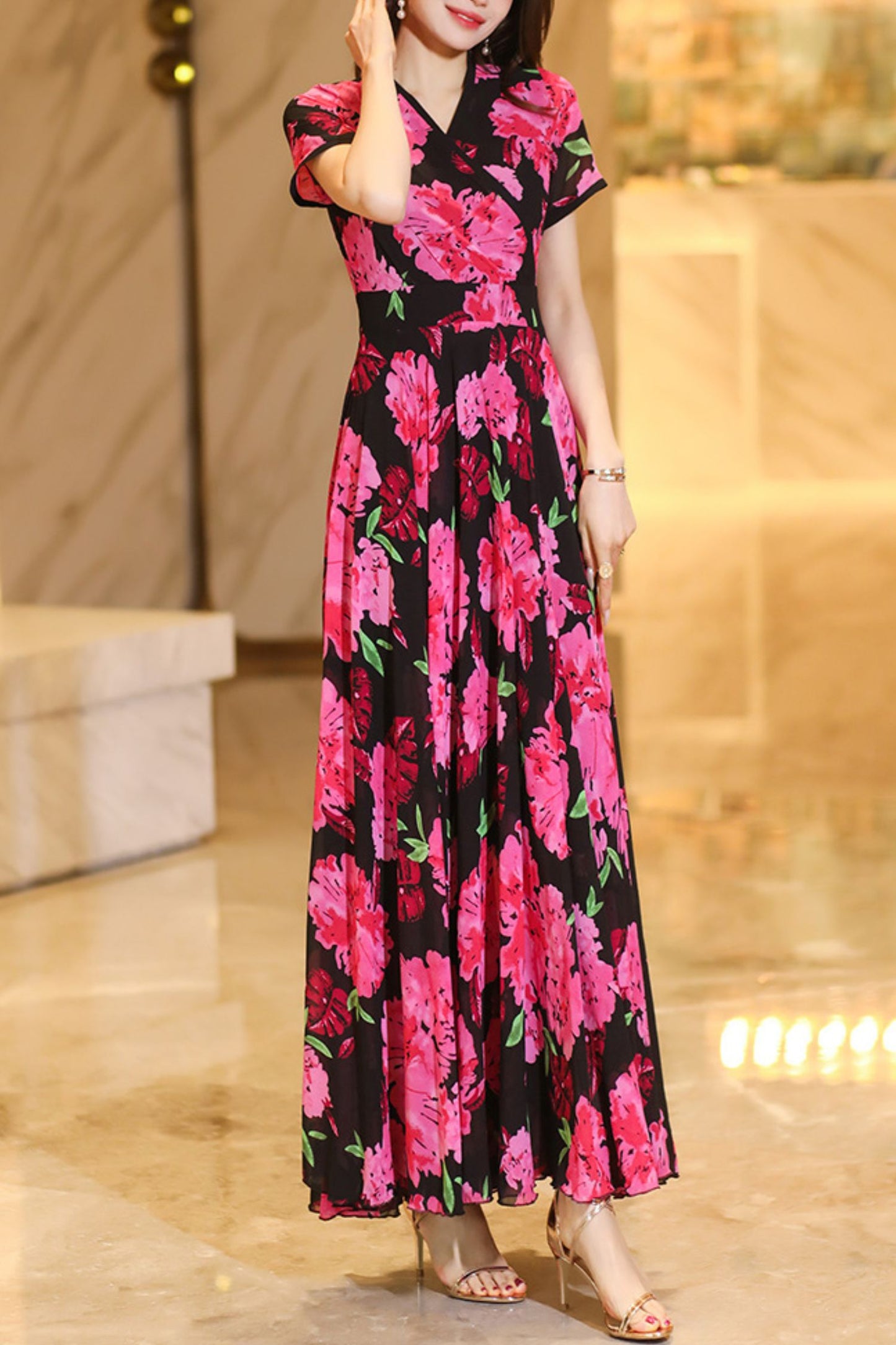 Summer chiffon floral dress women C4108