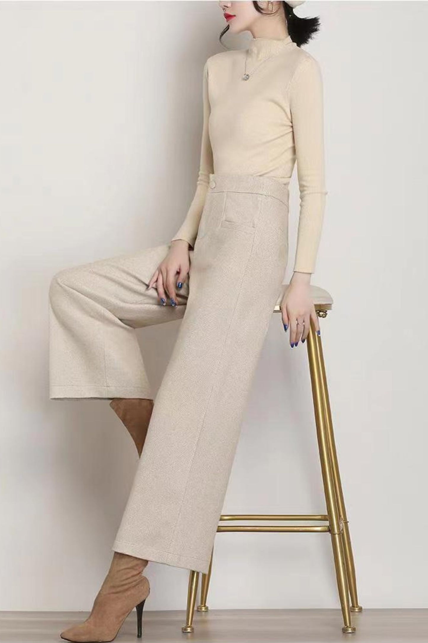 Wide leg womens wool pants with pockets c5078
