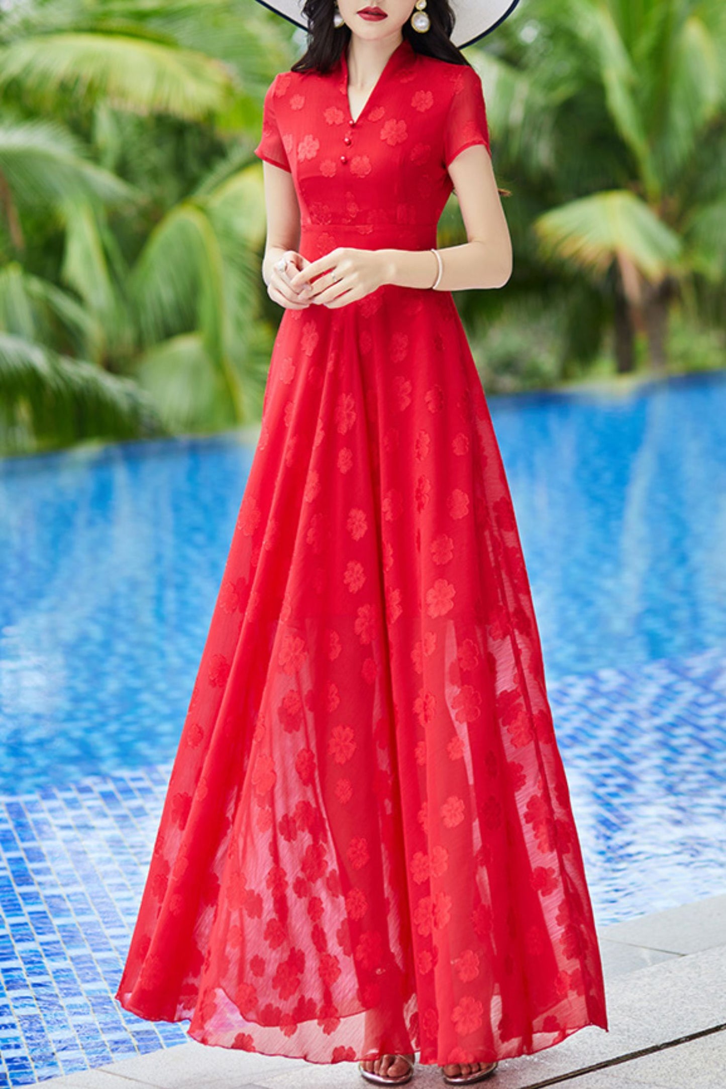 Red chiffon dress long C4065