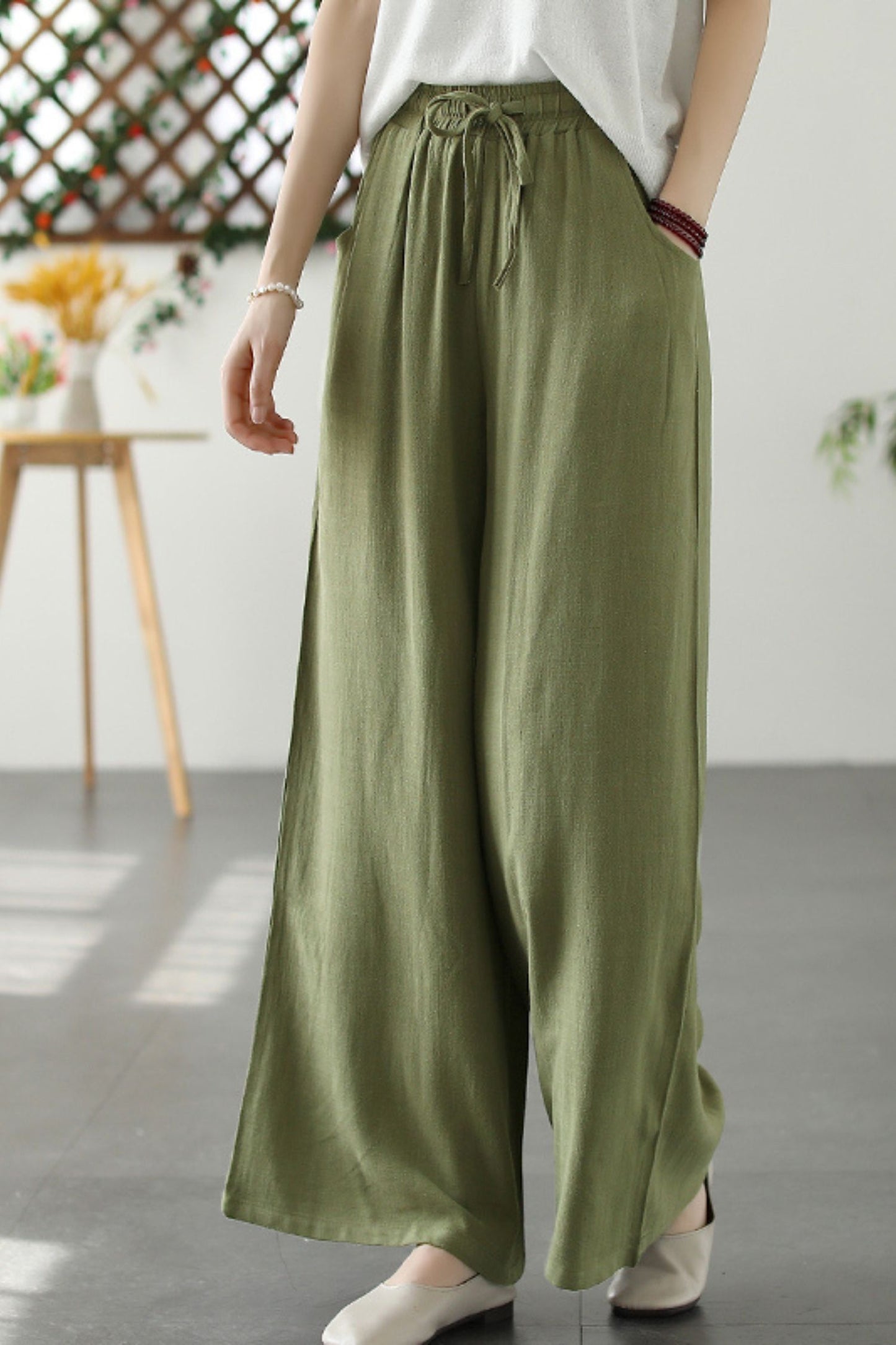 loose cotton linen solid wide leg pants L0619