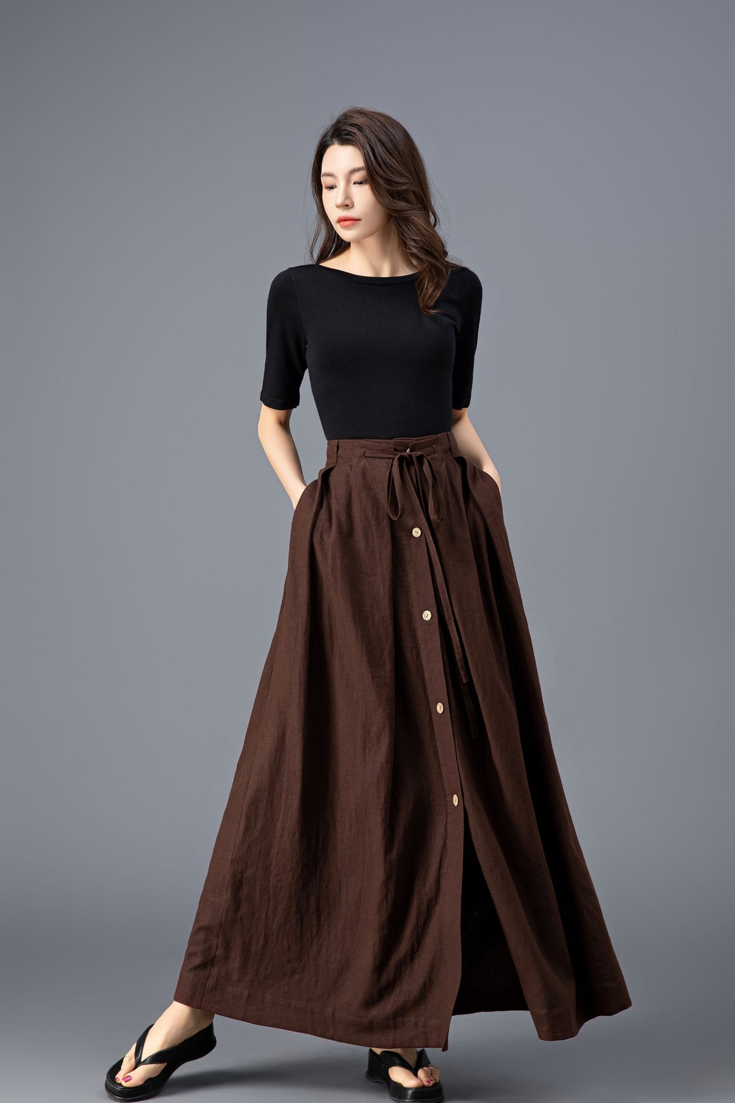Bohemian Brown Linen Maxi Skirt C3920