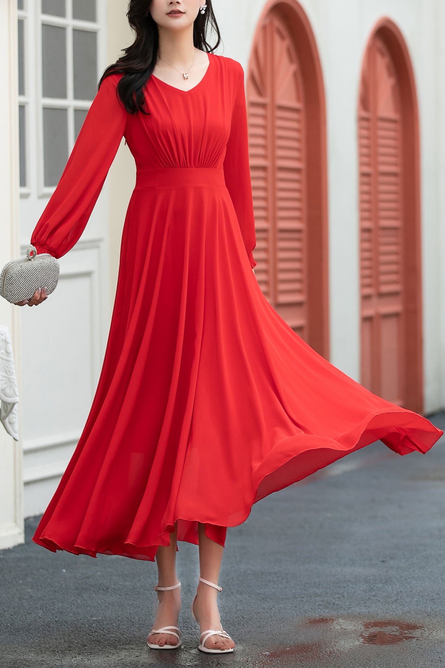 red fit and flare long chiffon dress C5039