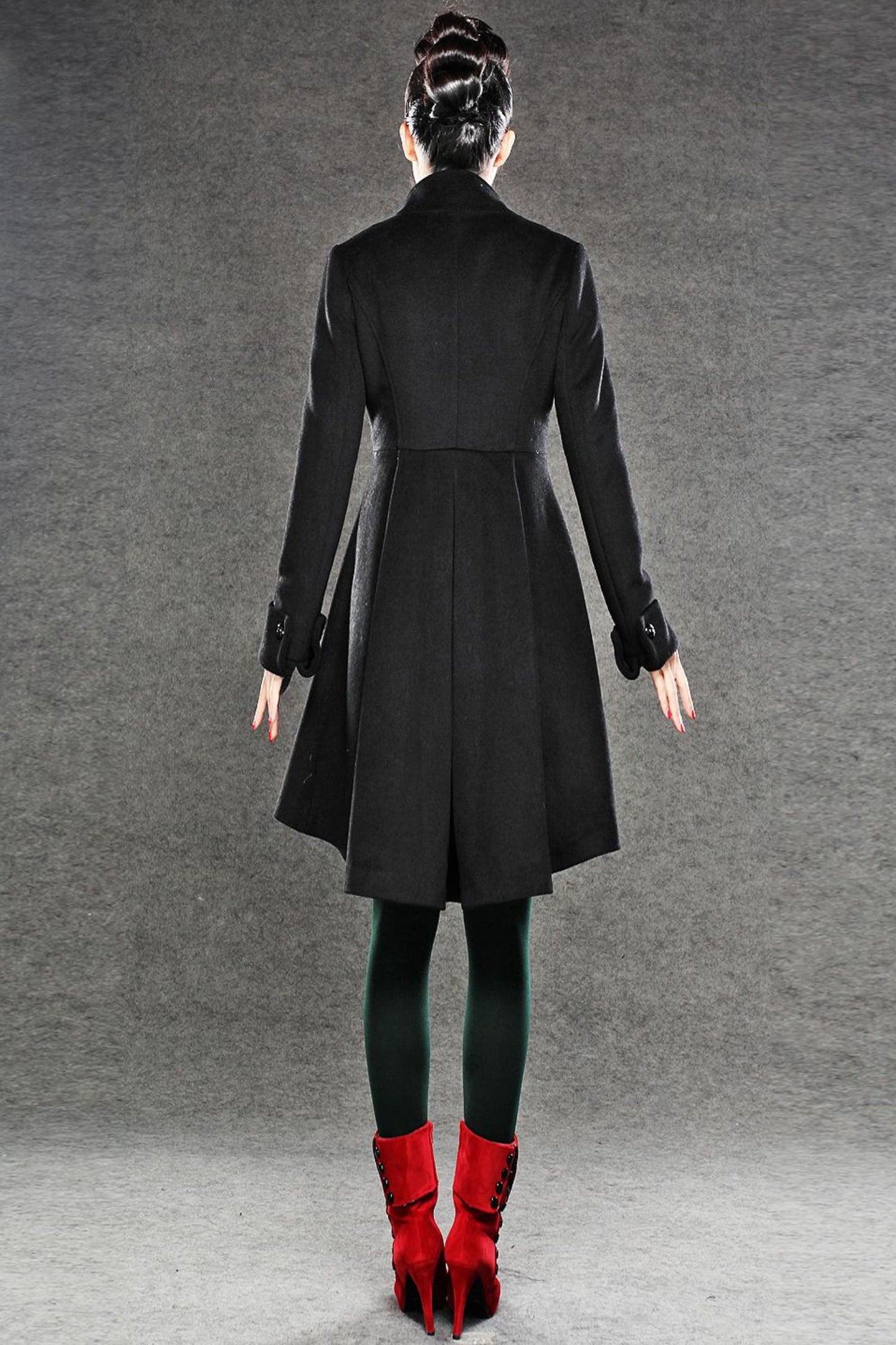 Asymmetrical black winter wool coat C039