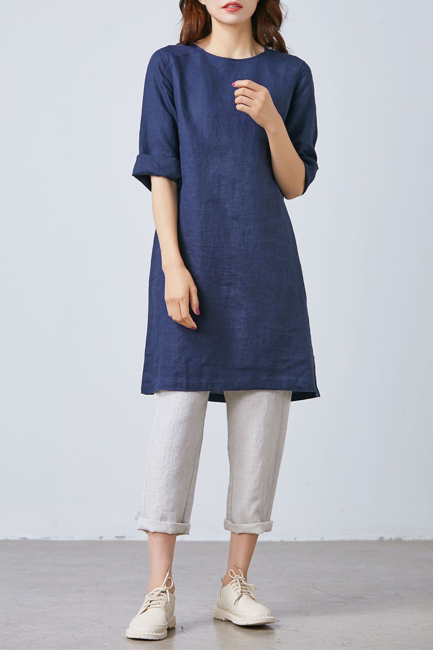 Navy Blue Simple Linen dress C1673