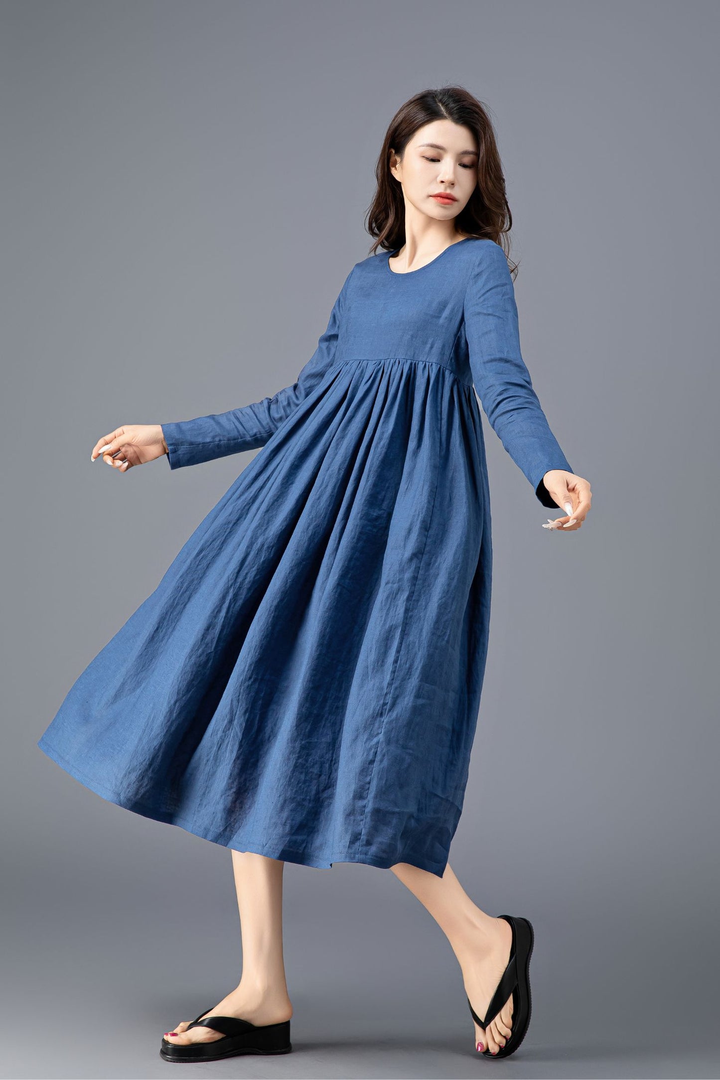 Long Sleeve Blue Linen Dress C3910