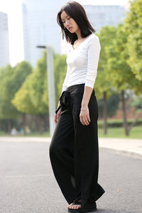 Wide leg black linen long pants C289