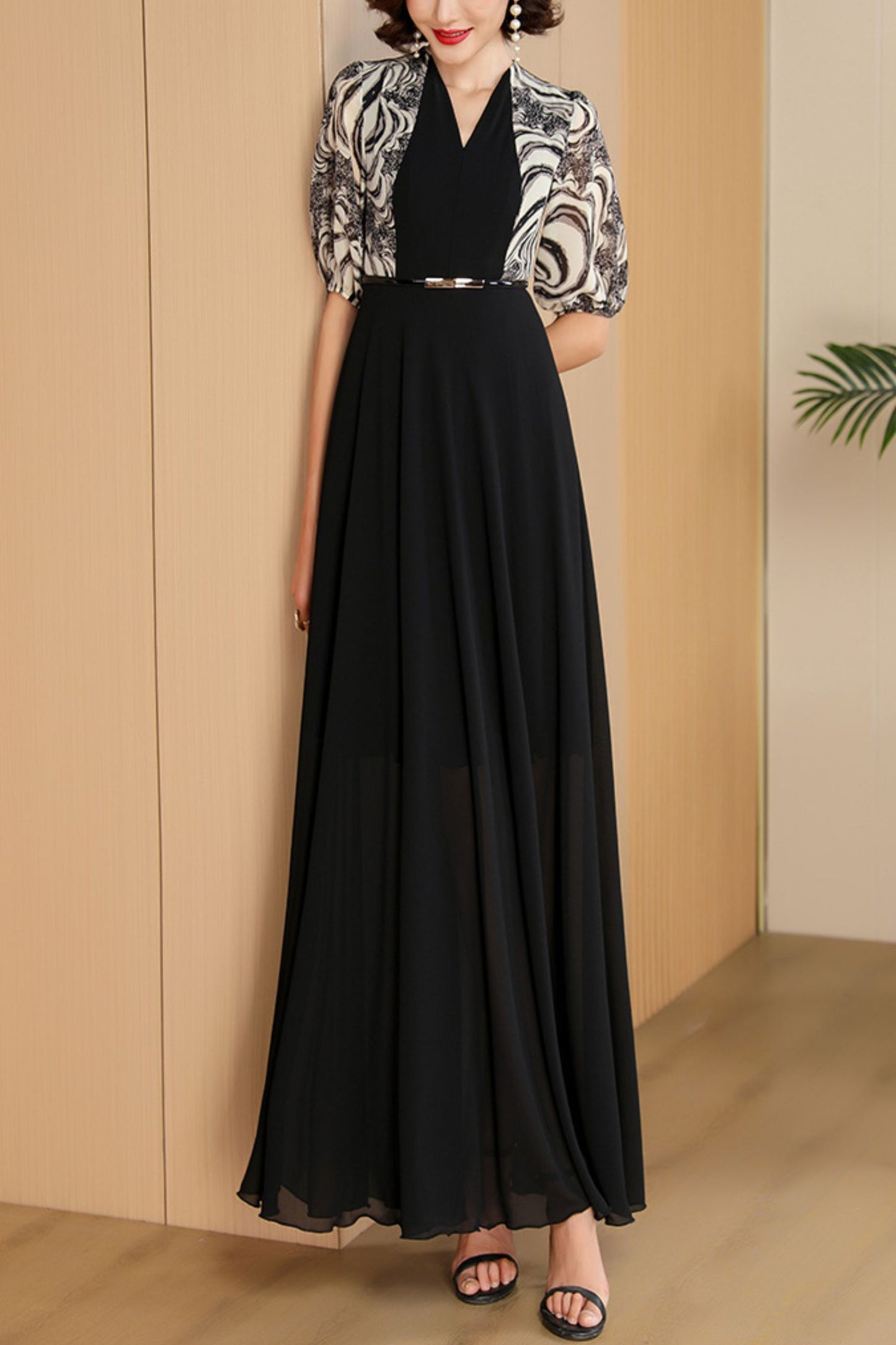 Black fake two-piece dress women long summer dress C4085