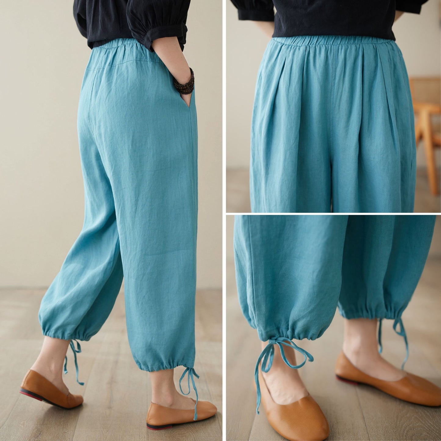 Blue elastic Waist casual linen pants C3965